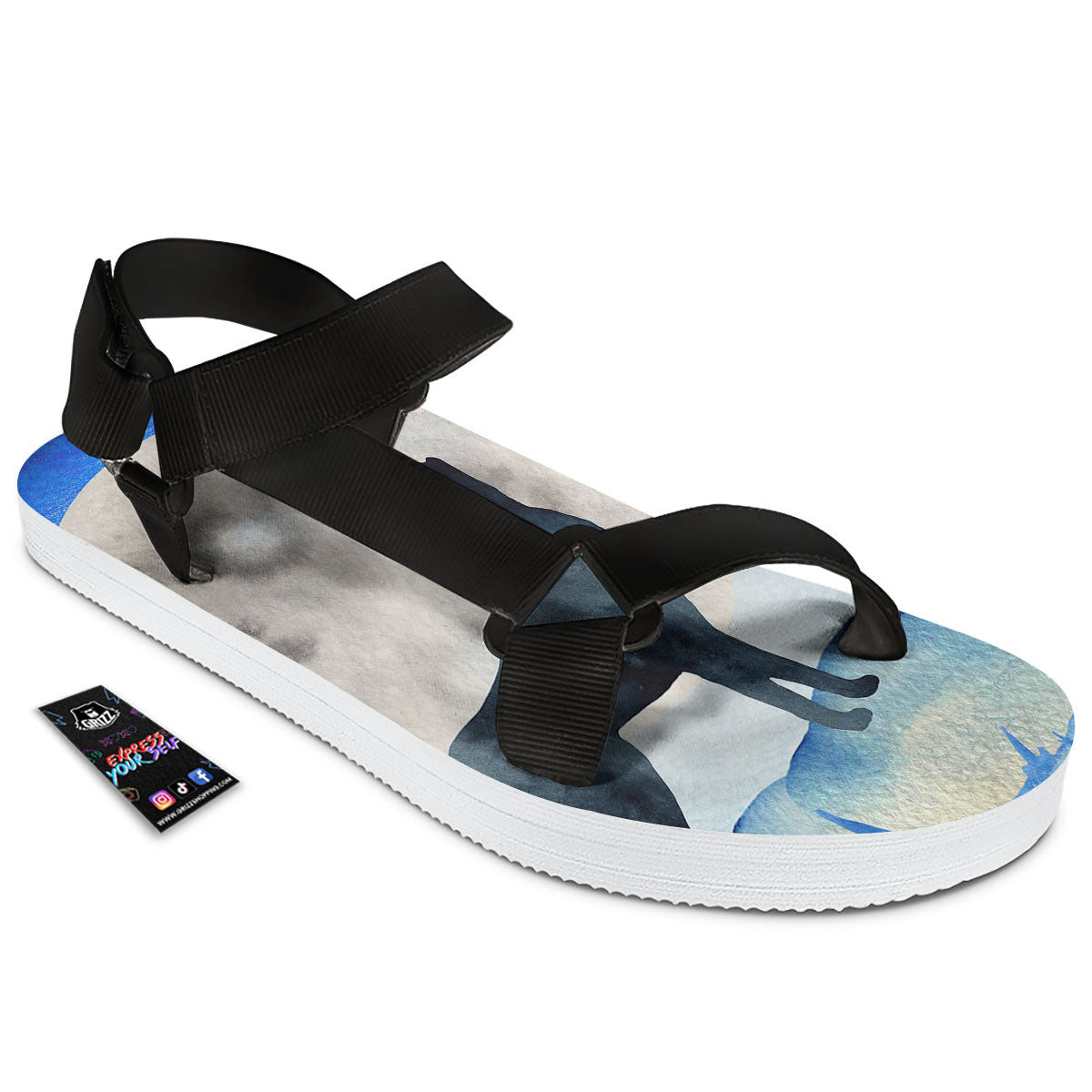 Painting Howling Wolf Snowy Print Black Open Toe Sandals-grizzshop