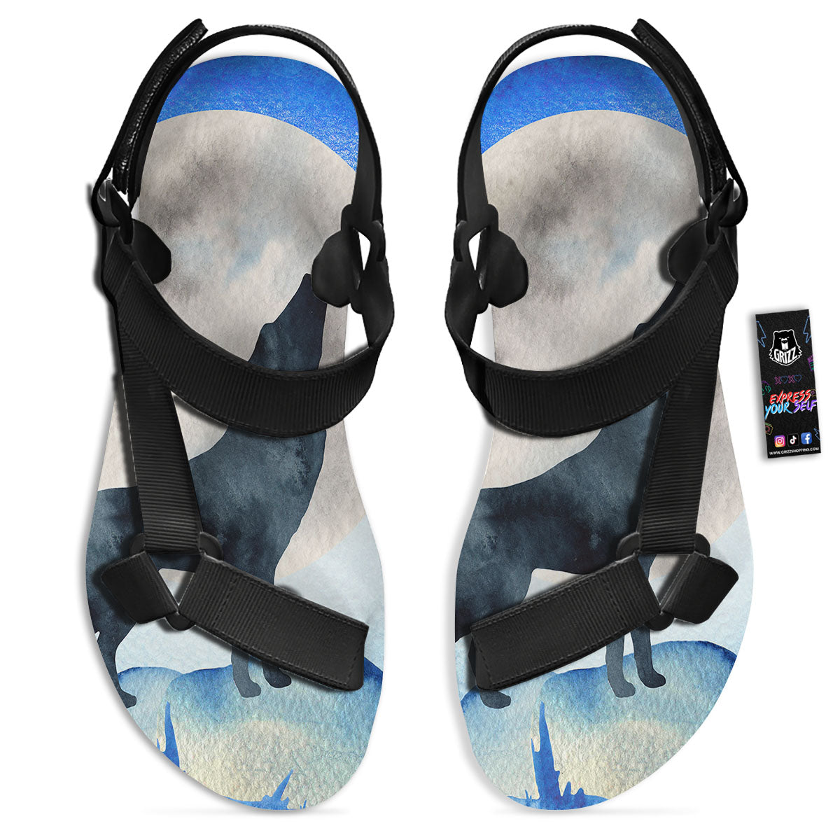 Painting Howling Wolf Snowy Print Black Open Toe Sandals-grizzshop