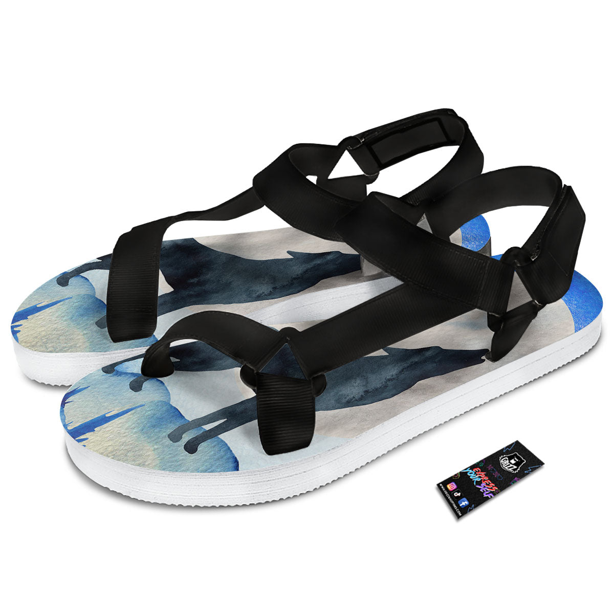 Painting Howling Wolf Snowy Print Black Open Toe Sandals-grizzshop