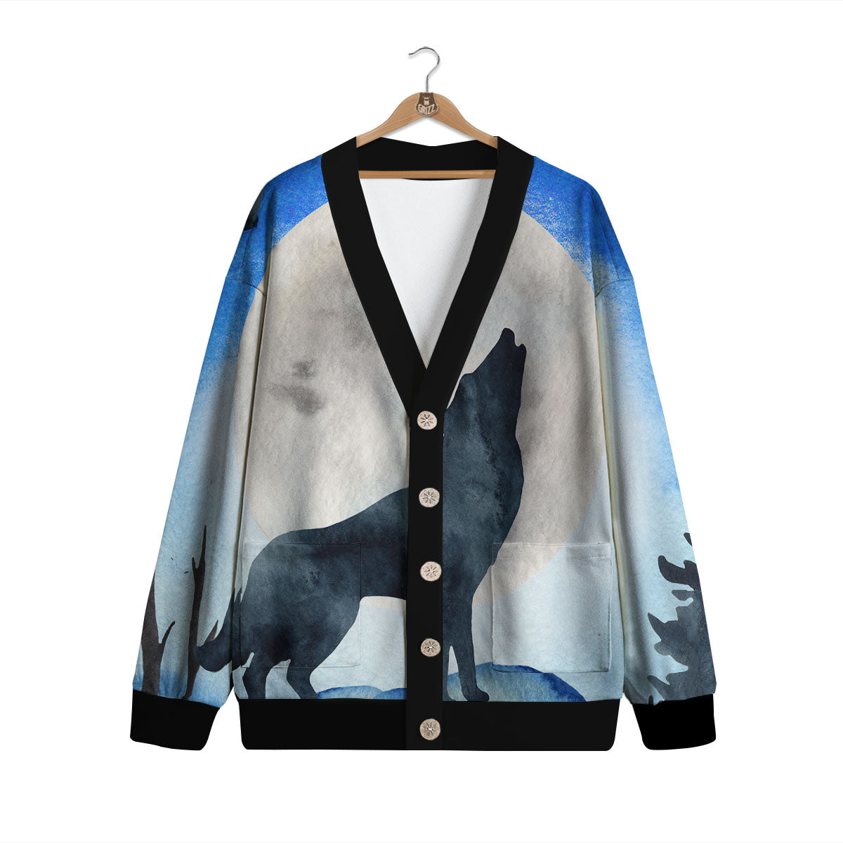 Painting Howling Wolf Snowy Print Cardigan-grizzshop
