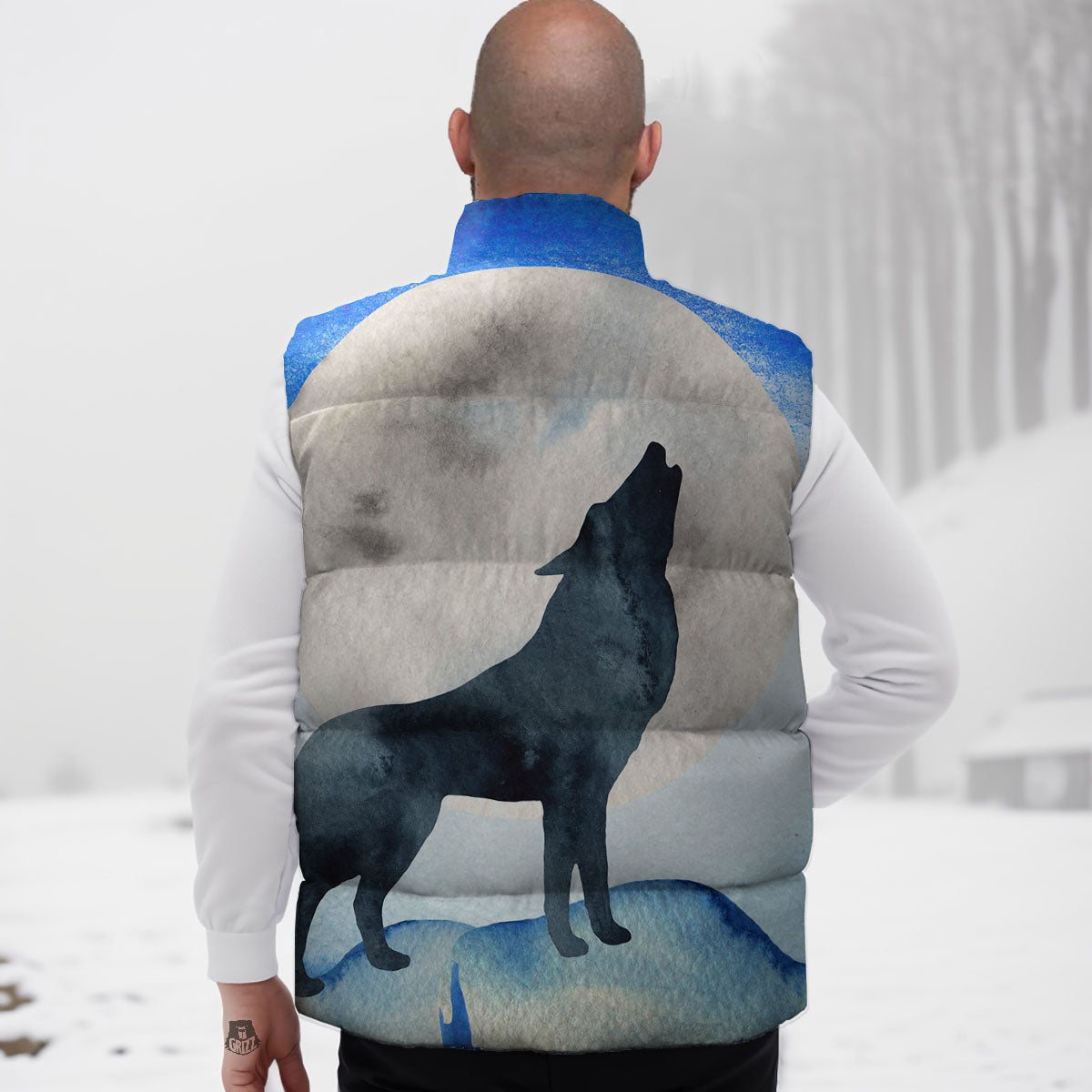 Painting Howling Wolf Snowy Print Down Vest