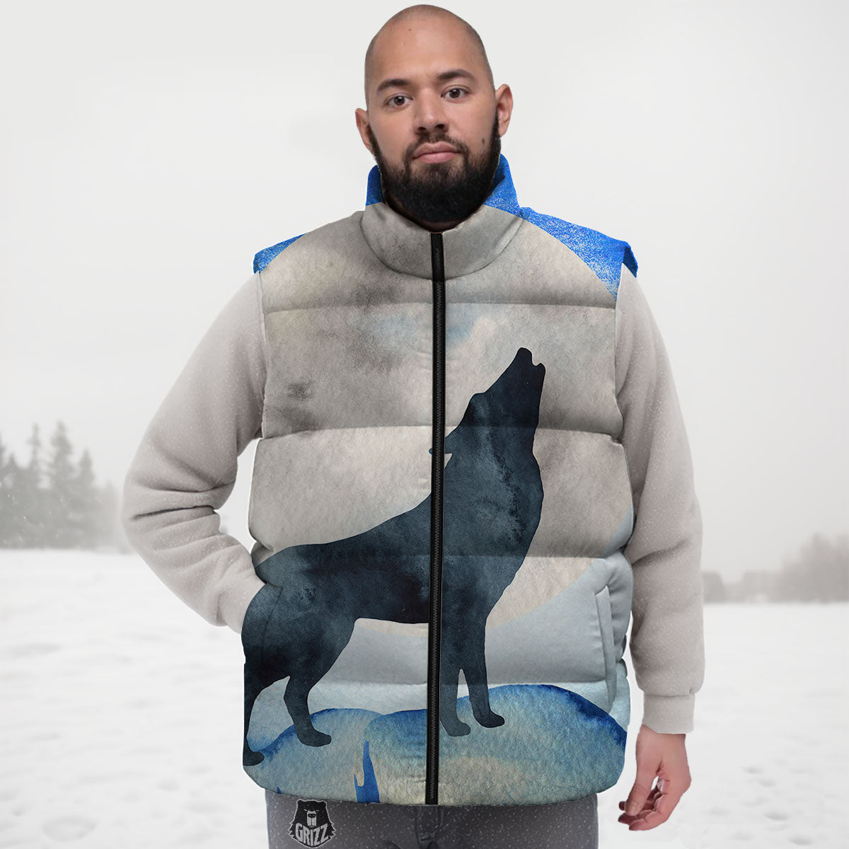 Painting Howling Wolf Snowy Print Down Vest