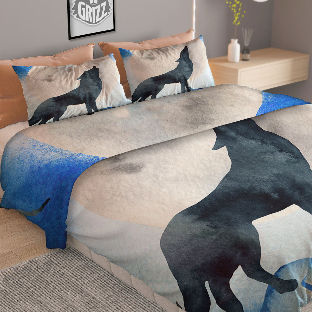 Painting Howling Wolf Snowy Print Duvet Cover Bedding Set
