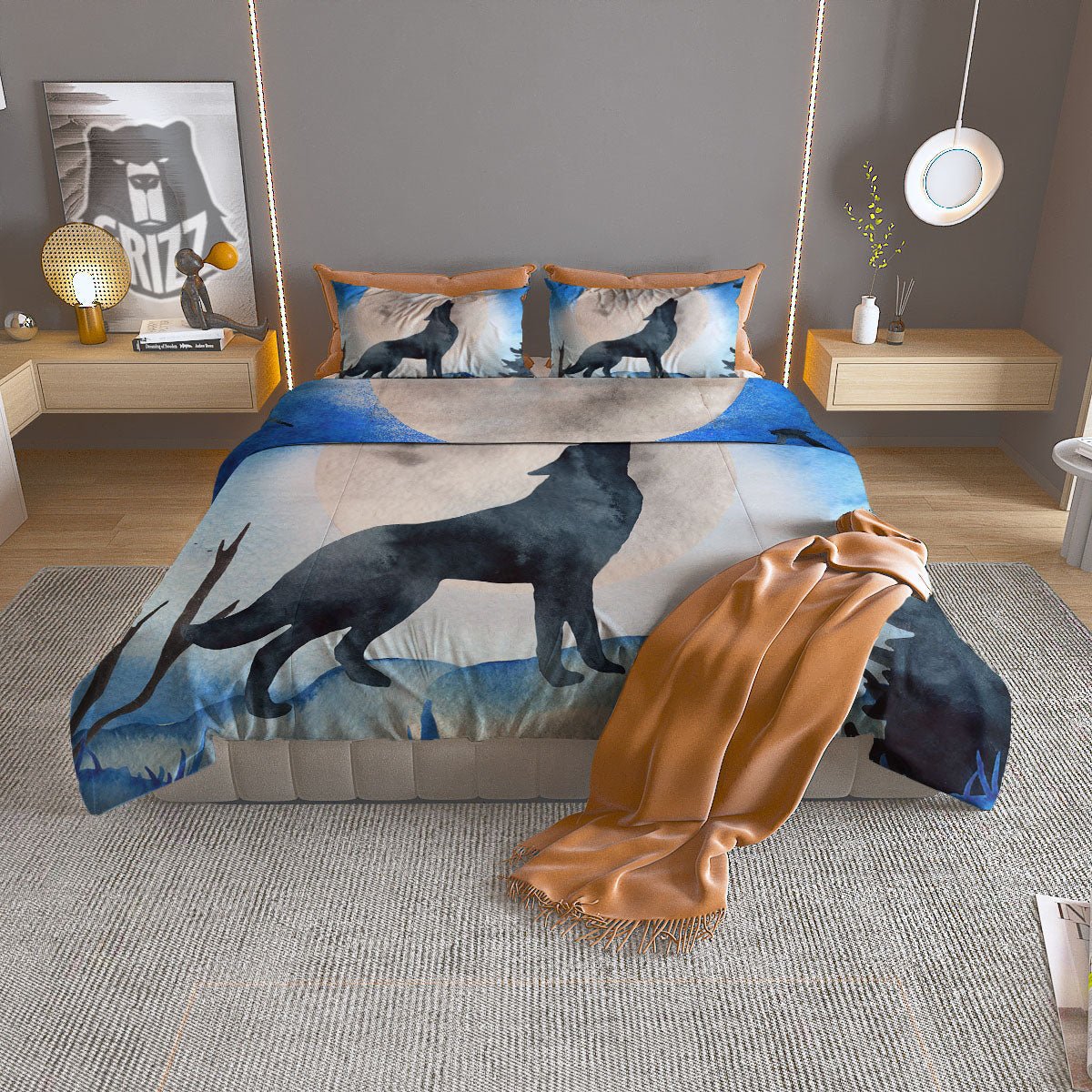 Painting Howling Wolf Snowy Print Duvet Cover Bedding Set