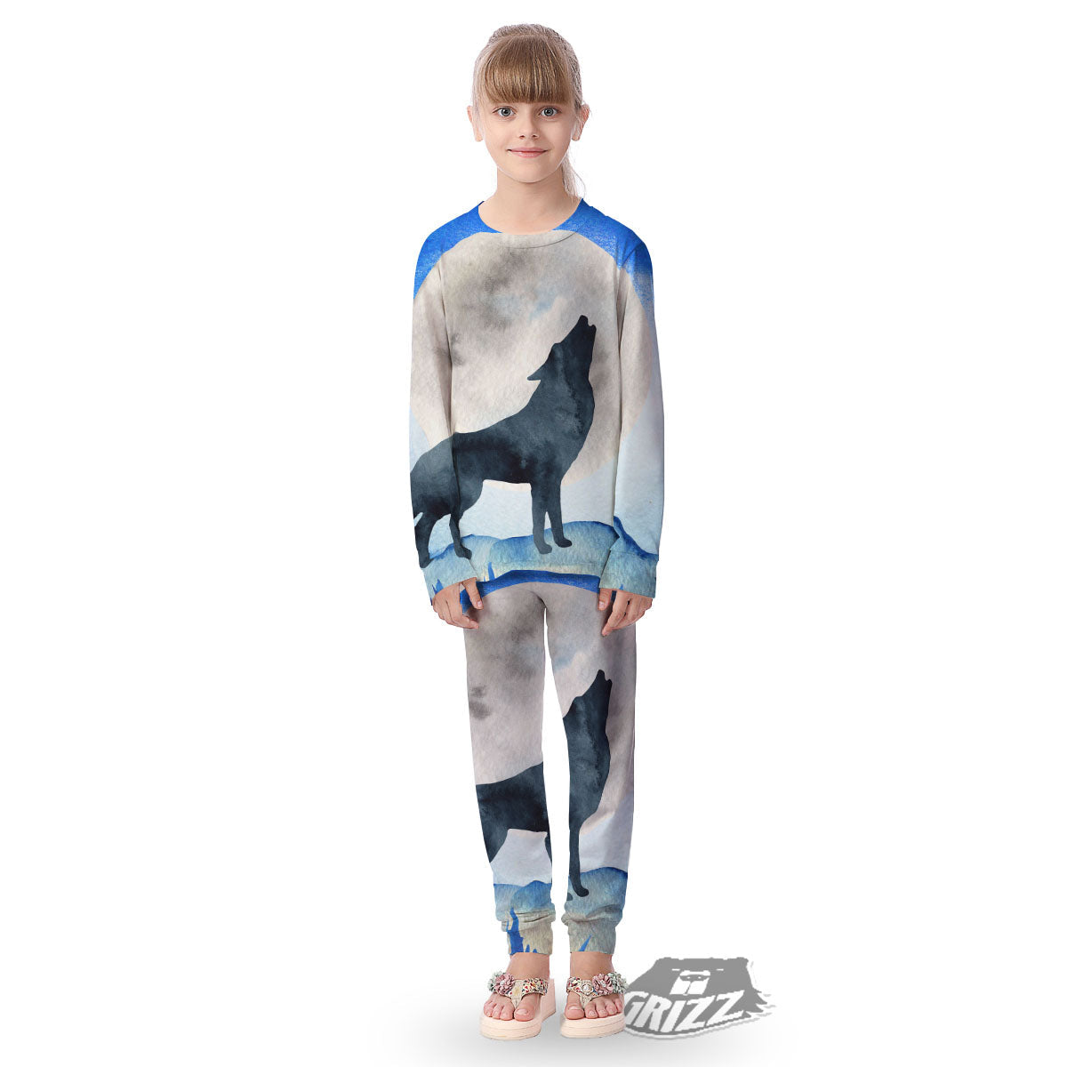 Painting Howling Wolf Snowy Print Kid's Pajamas-grizzshop