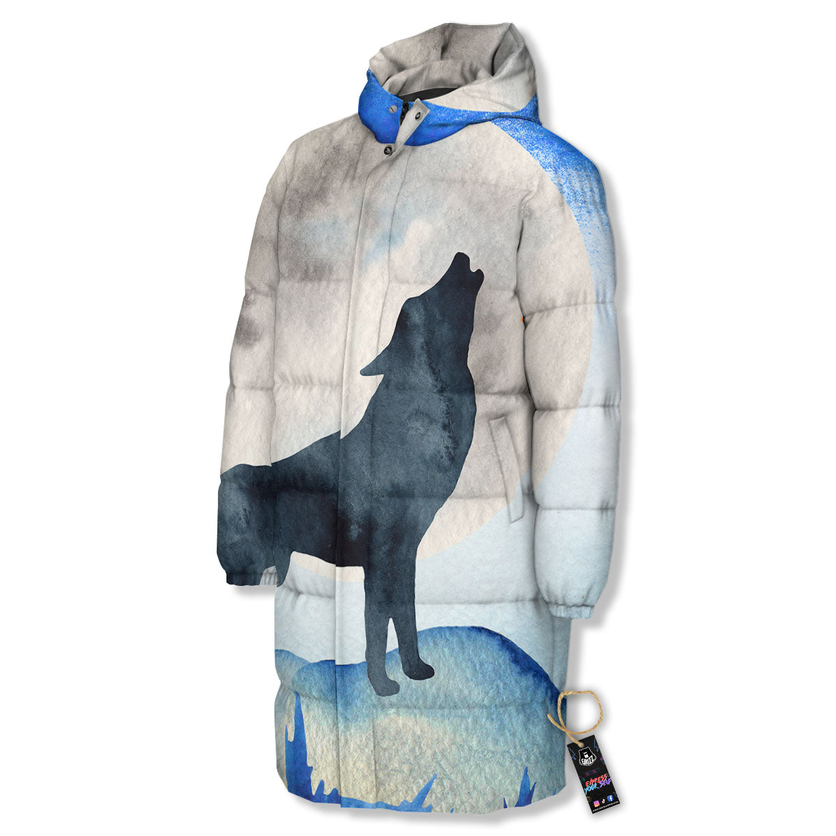 Painting Howling Wolf Snowy Print Long Down Jacket-grizzshop