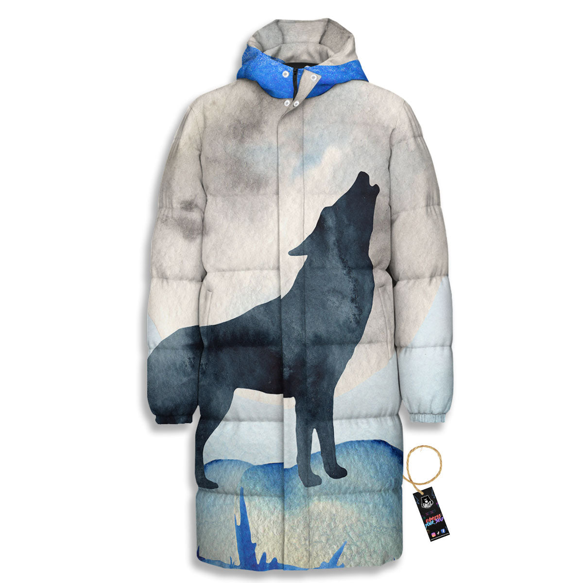 Painting Howling Wolf Snowy Print Long Down Jacket-grizzshop