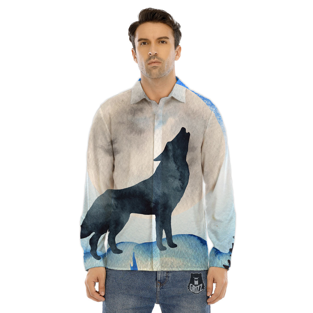 Painting Howling Wolf Snowy Print Men's Dress Shirts-grizzshop