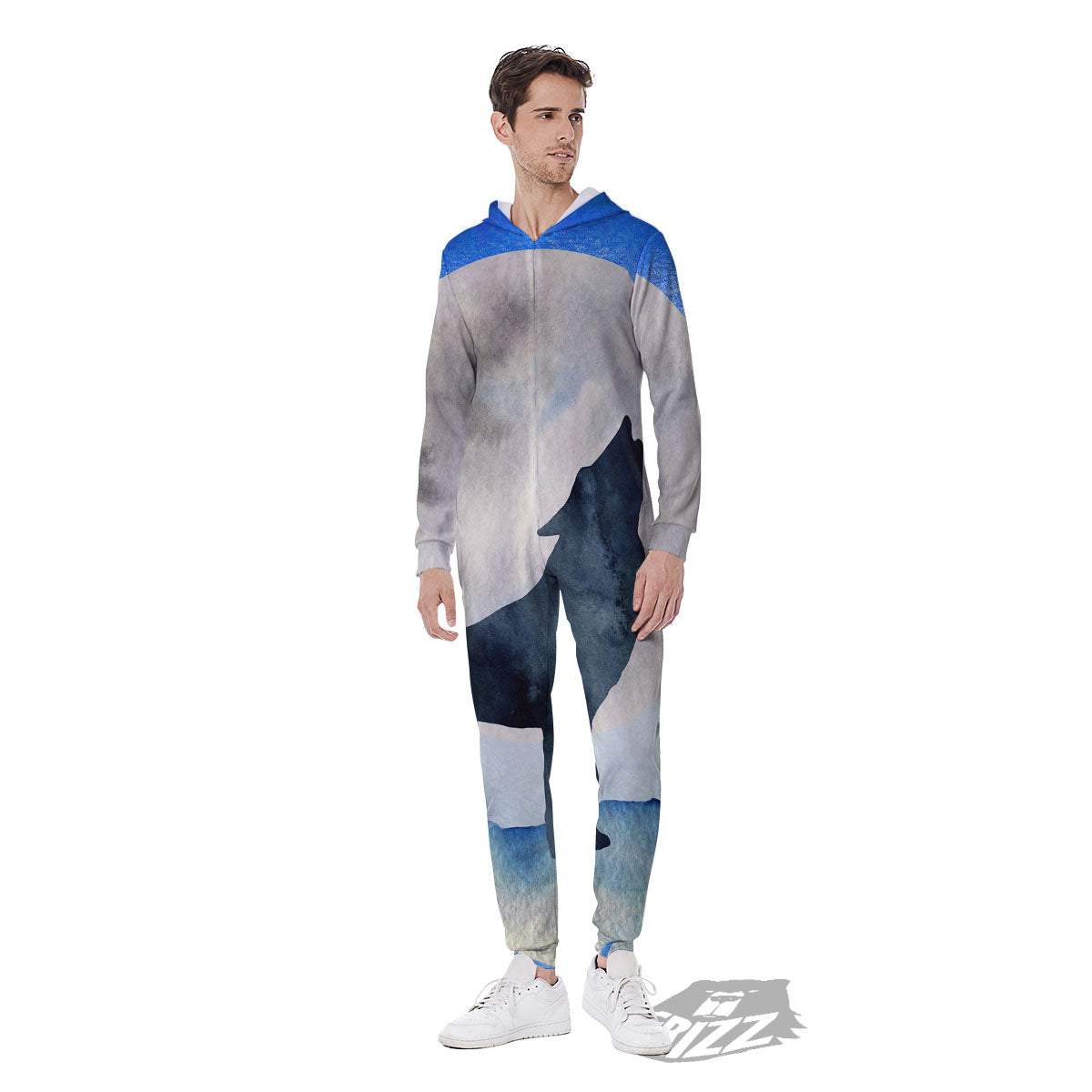 Painting Howling Wolf Snowy Print Men's Jumpsuit-grizzshop