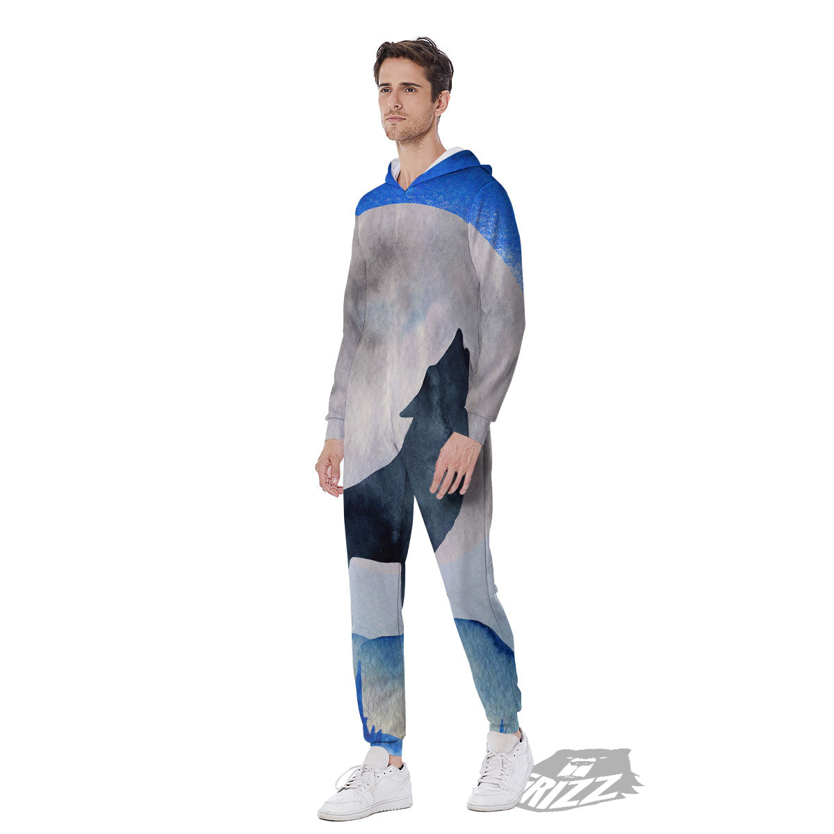 Painting Howling Wolf Snowy Print Men's Jumpsuit-grizzshop