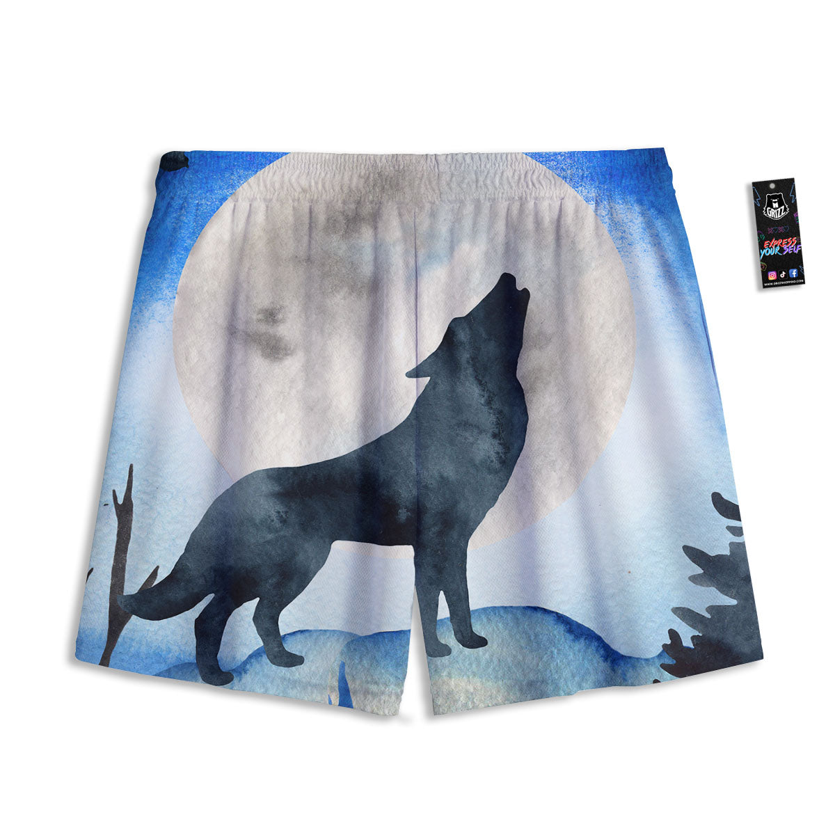 Painting Howling Wolf Snowy Print Mesh Shorts
