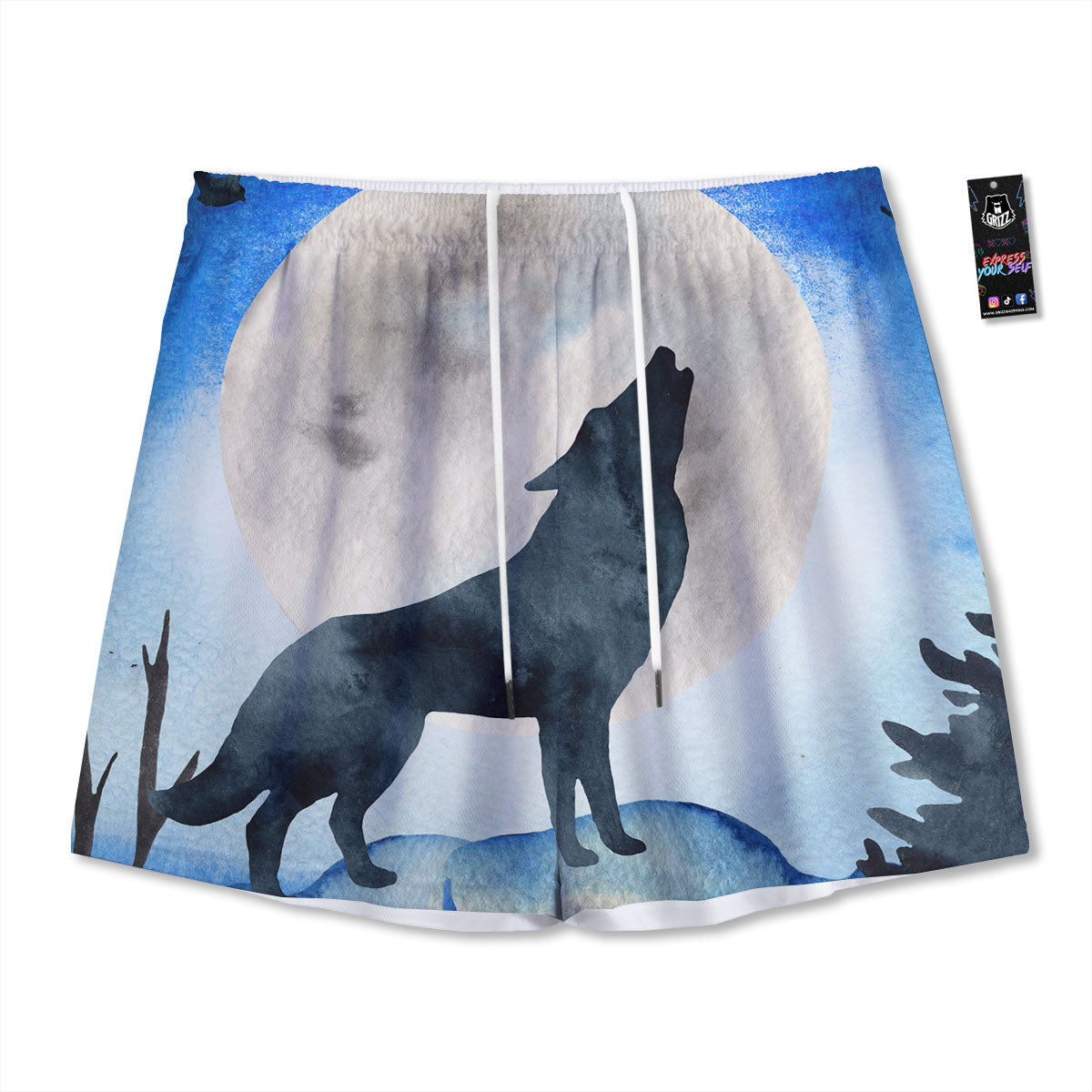 Painting Howling Wolf Snowy Print Mesh Shorts