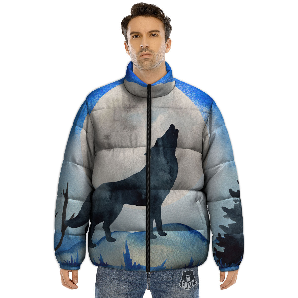 Painting Howling Wolf Snowy Print Puffer Jacket-grizzshop
