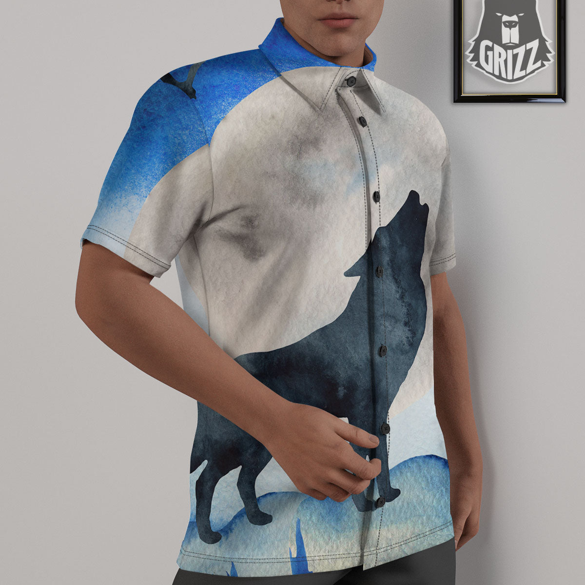 Painting Howling Wolf Snowy Print Untucked Shirts-grizzshop