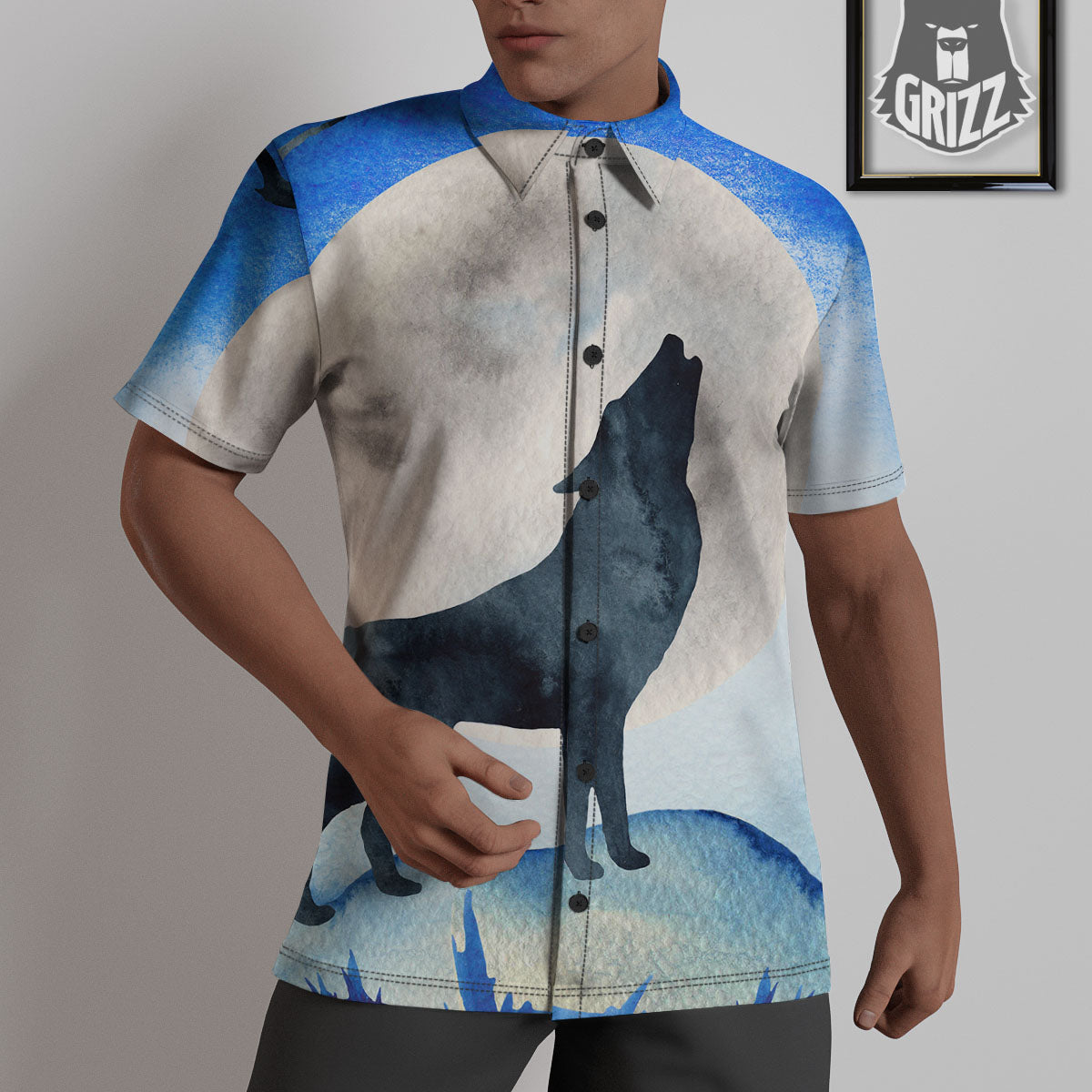 Painting Howling Wolf Snowy Print Untucked Shirts-grizzshop