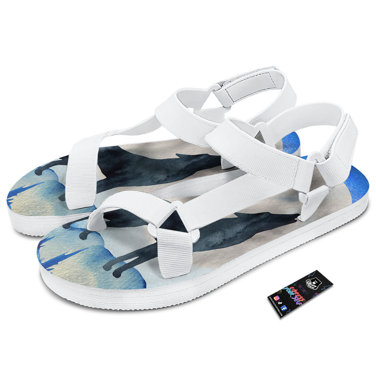 Painting Howling Wolf Snowy Print White Open Toe Sandals-grizzshop