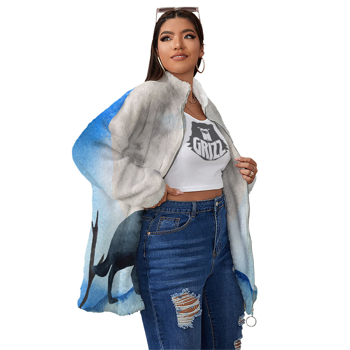 Painting Howling Wolf Snowy Print Women's Sherpa Jacket-grizzshop