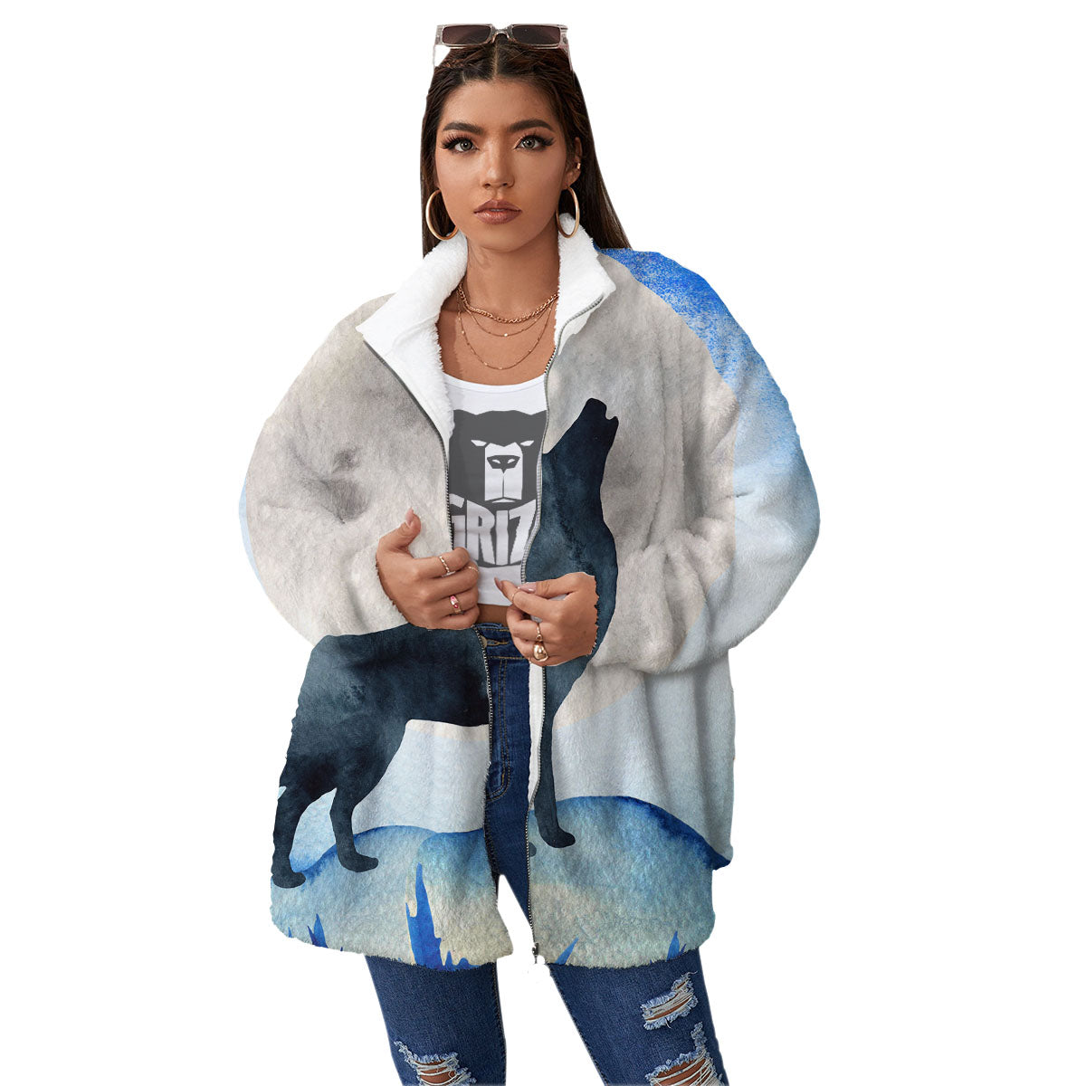Painting Howling Wolf Snowy Print Women's Sherpa Jacket-grizzshop