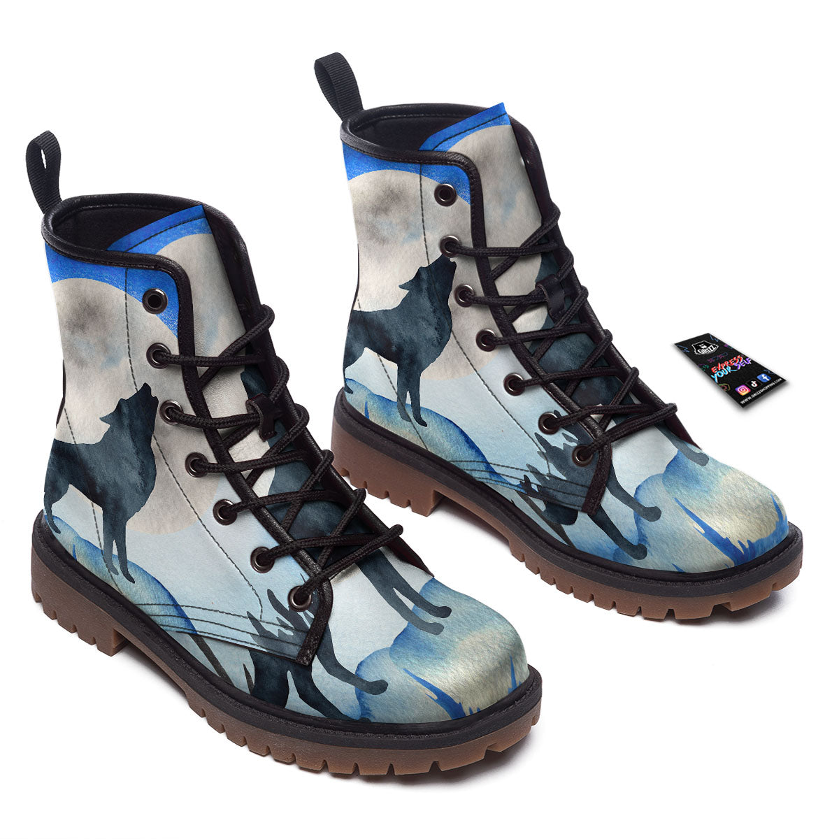Painting Howling Wolf Snowy Print Work Boots-grizzshop