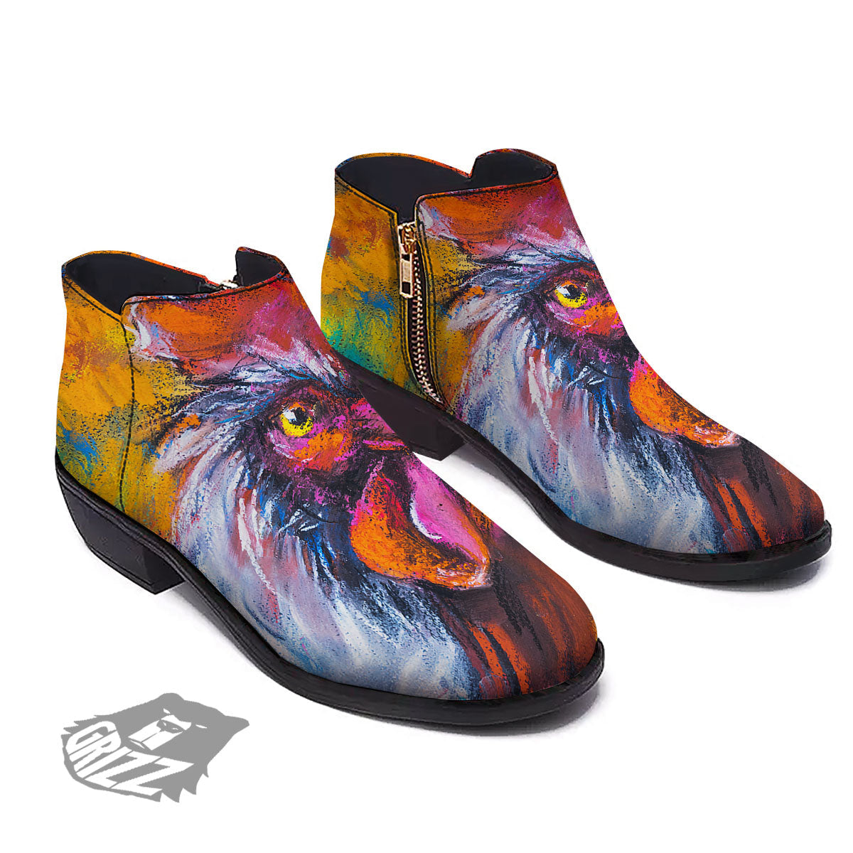 Painting Rooster Print Ankle Boots-grizzshop