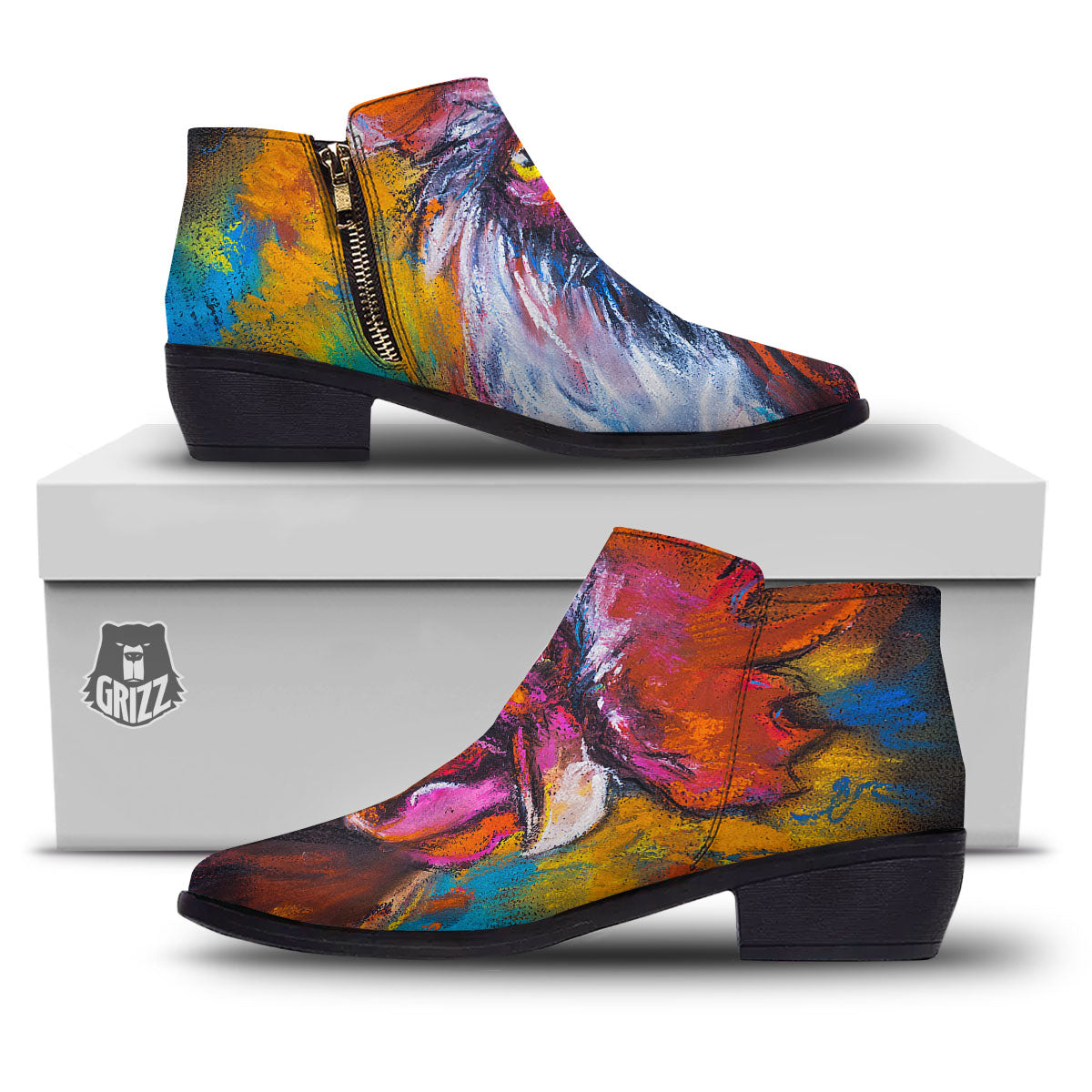 Painting Rooster Print Ankle Boots-grizzshop