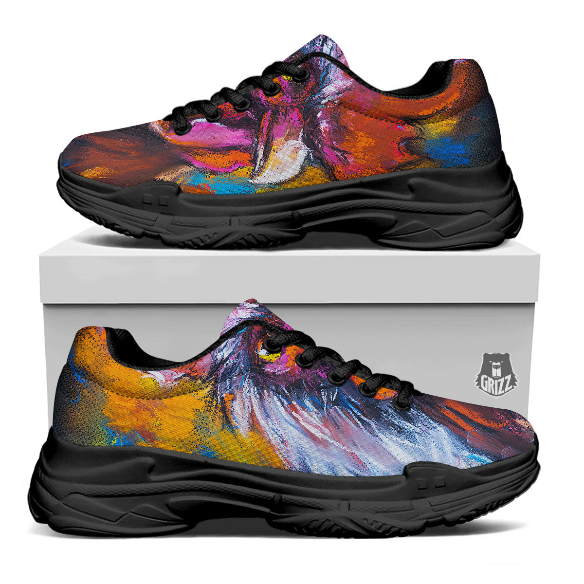 Painting Rooster Print Black Chunky Shoes-grizzshop