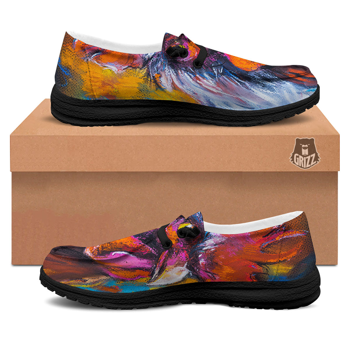 Painting Rooster Print Black Loafers-grizzshop