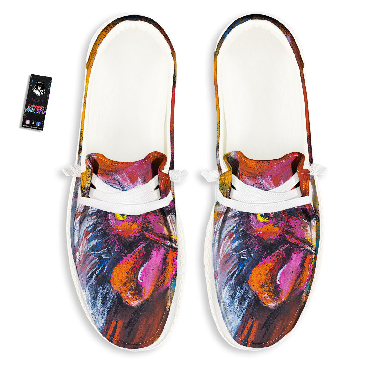 Painting Rooster Print Black Loafers-grizzshop