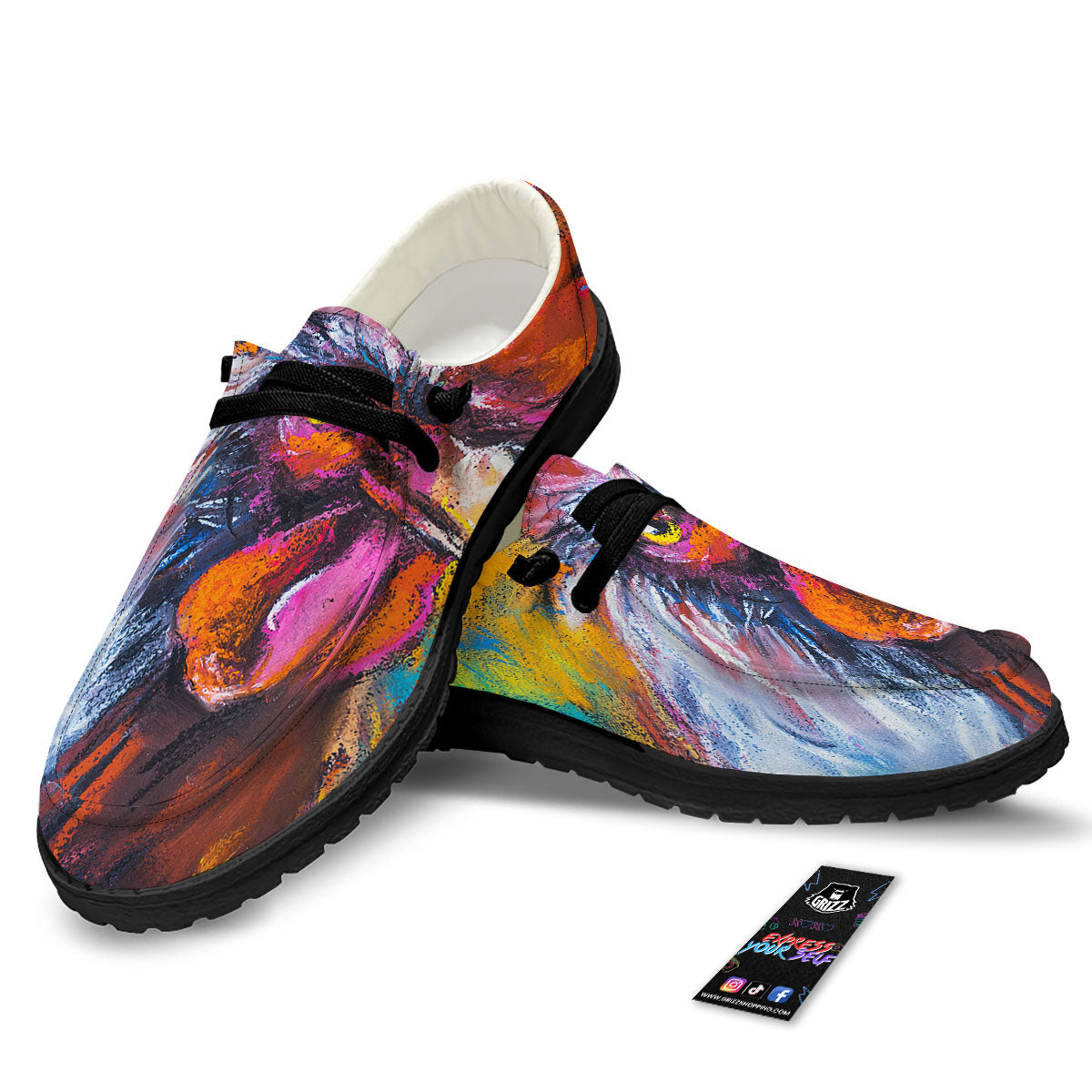 Painting Rooster Print Black Loafers-grizzshop