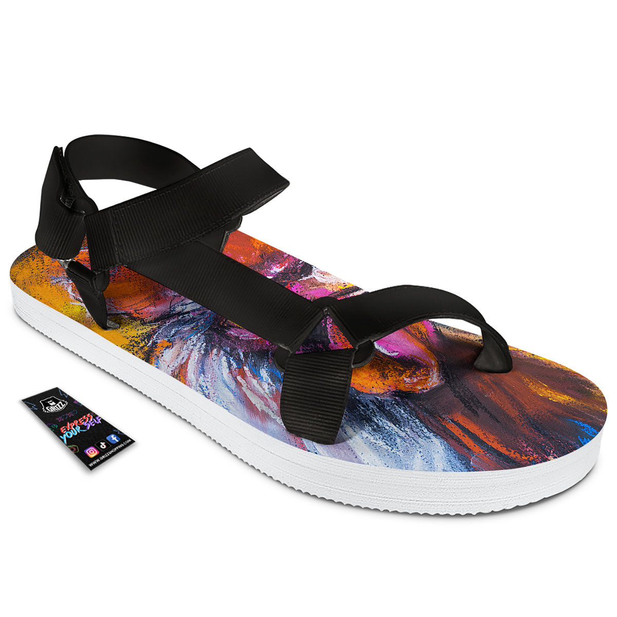 Painting Rooster Print Black Open Toe Sandals-grizzshop