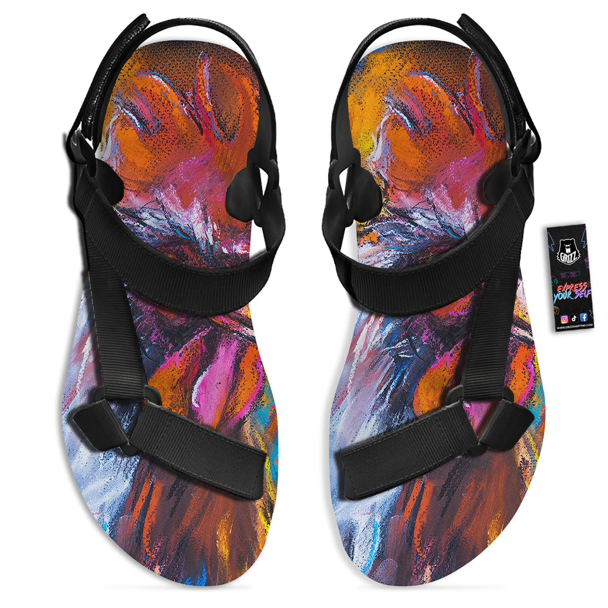 Painting Rooster Print Black Open Toe Sandals-grizzshop