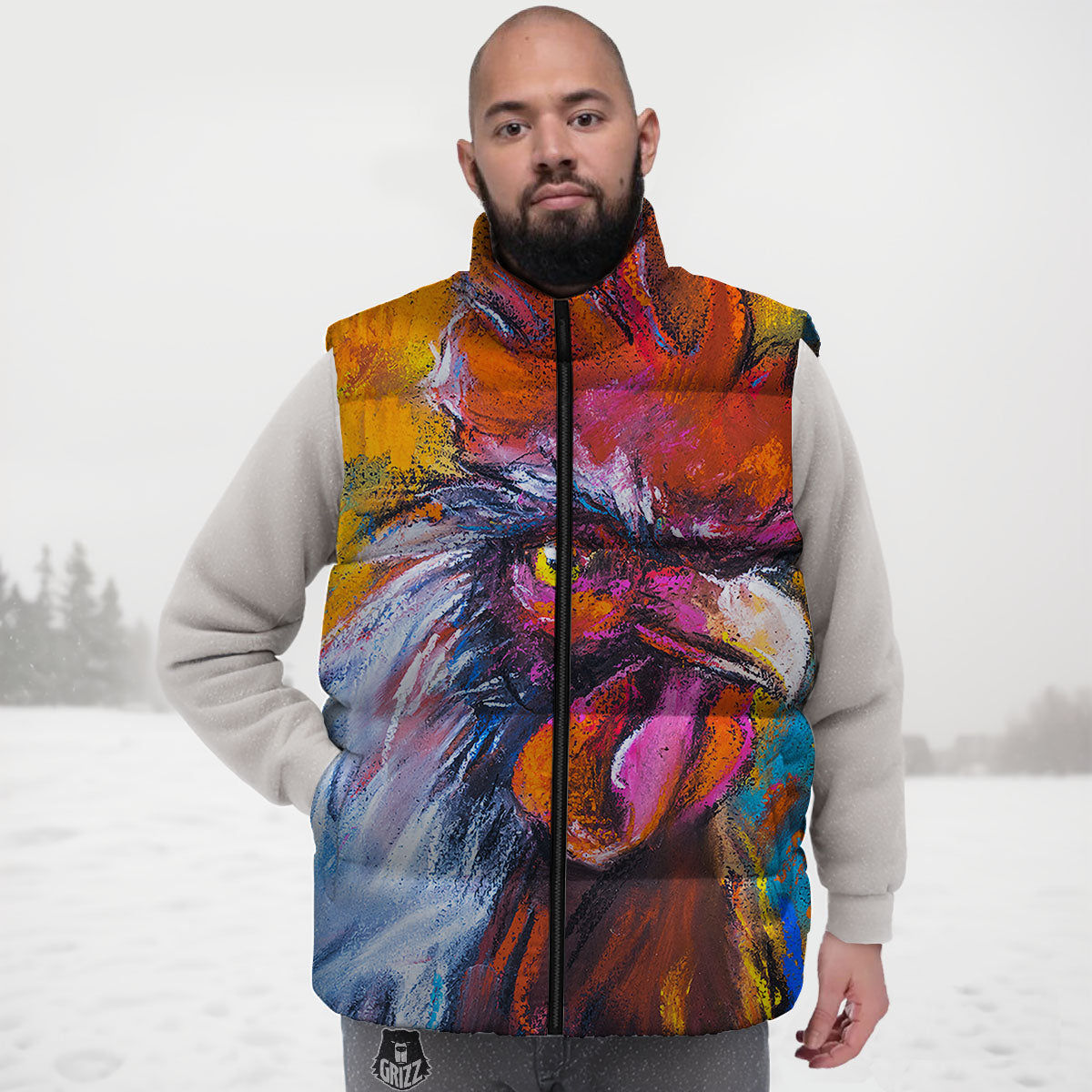 Painting Rooster Print Down Vest