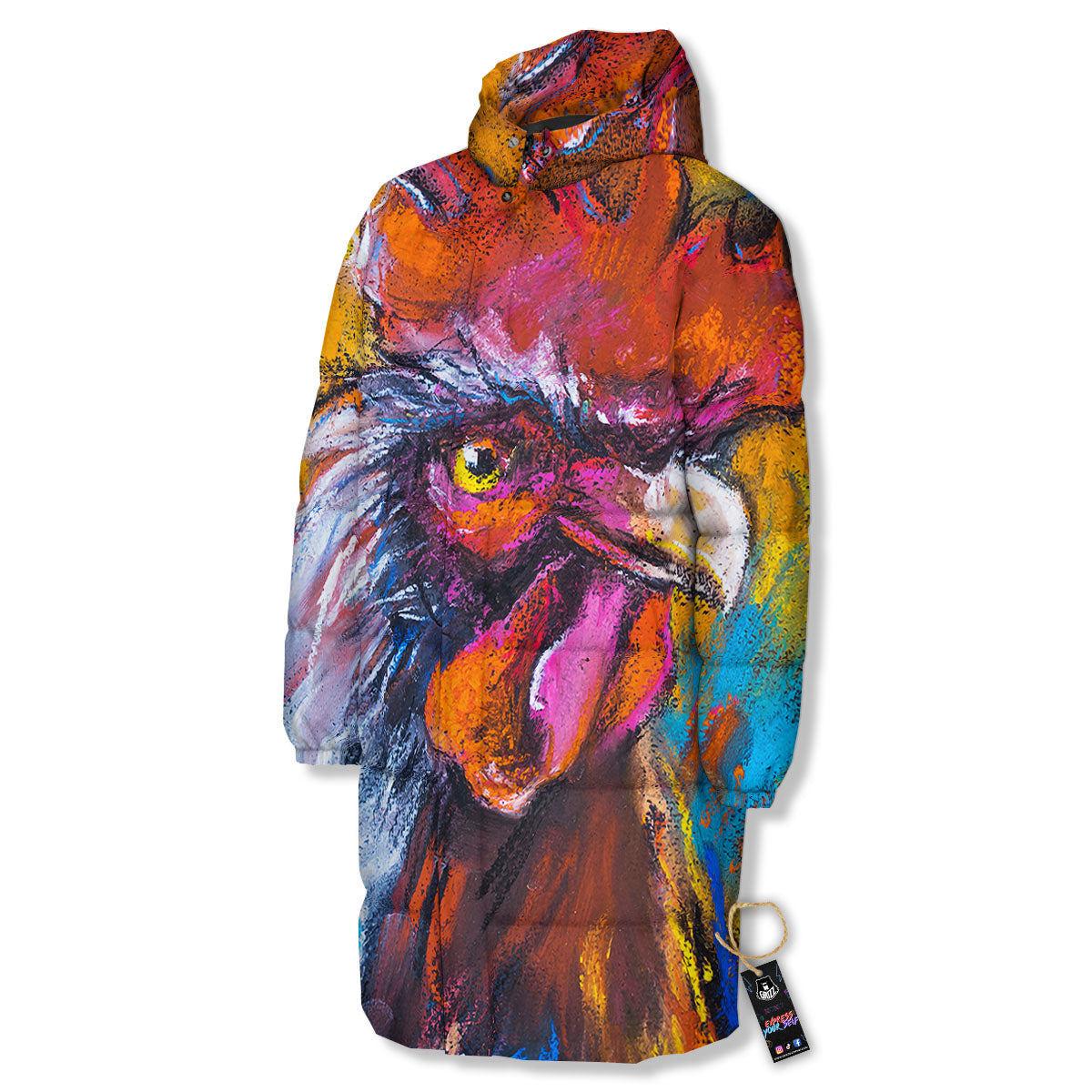 Painting Rooster Print Long Down Jacket-grizzshop