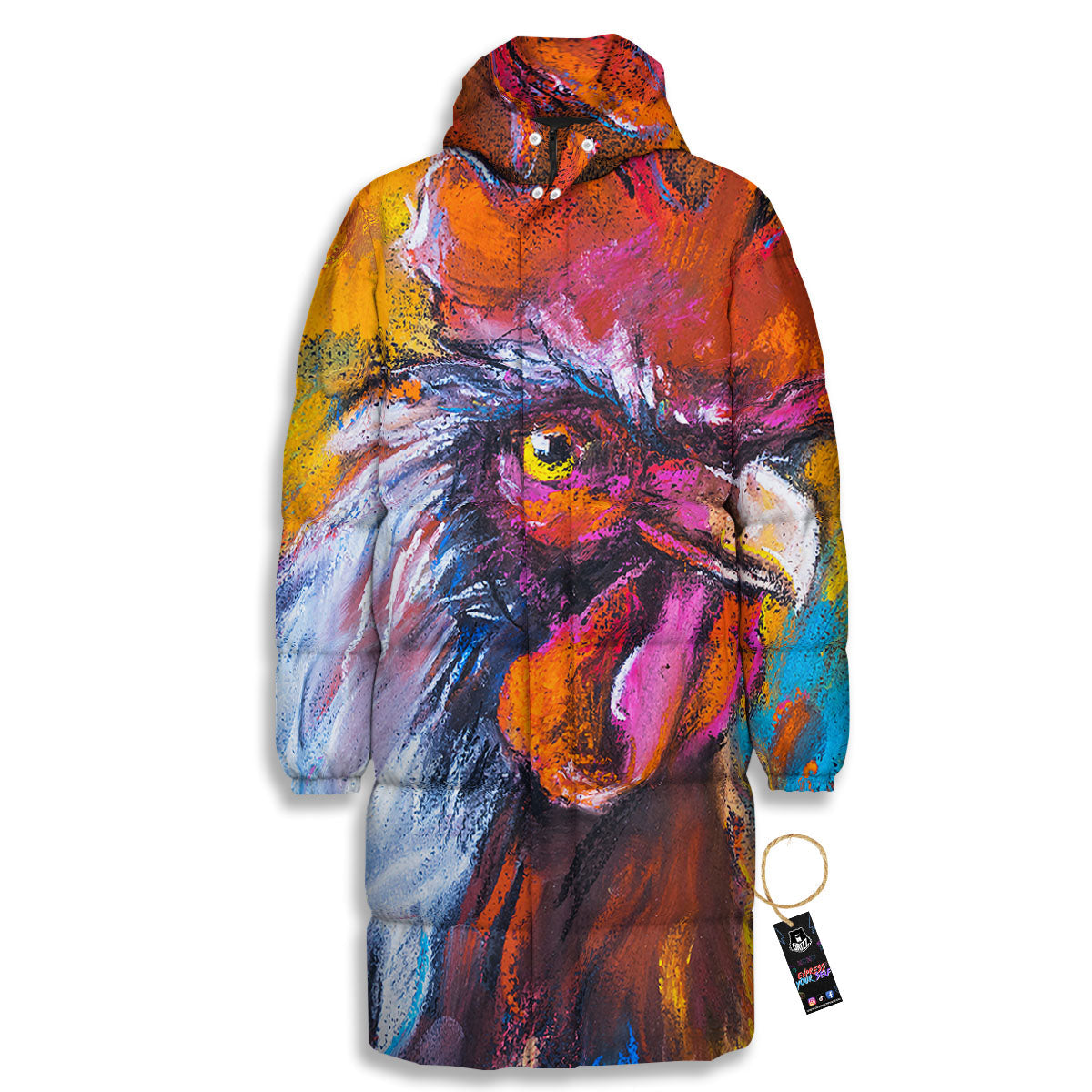 Painting Rooster Print Long Down Jacket-grizzshop