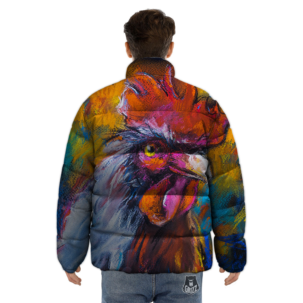 Painting Rooster Print Puffer Jacket-grizzshop