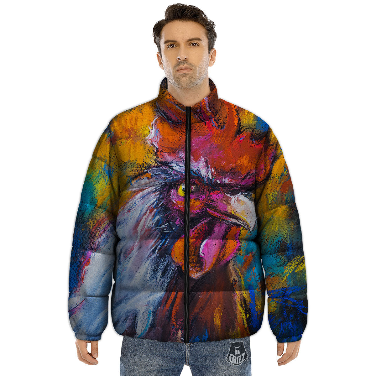 Painting Rooster Print Puffer Jacket-grizzshop