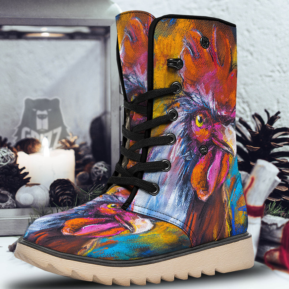 Painting Rooster Print Snow Boots-grizzshop