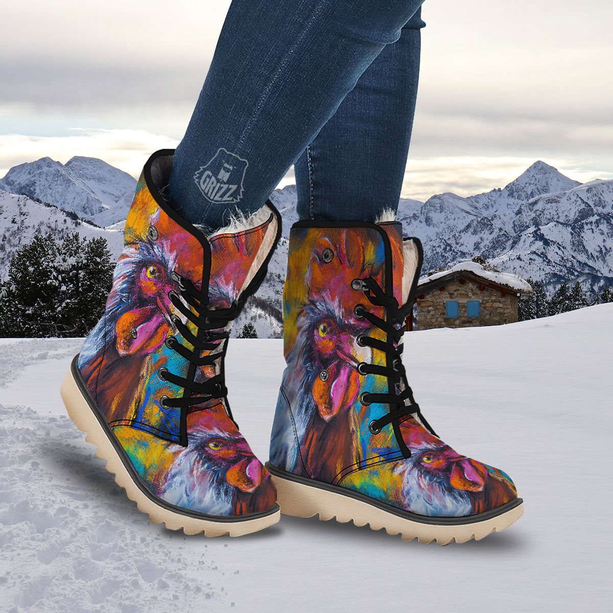 Painting Rooster Print Snow Boots-grizzshop