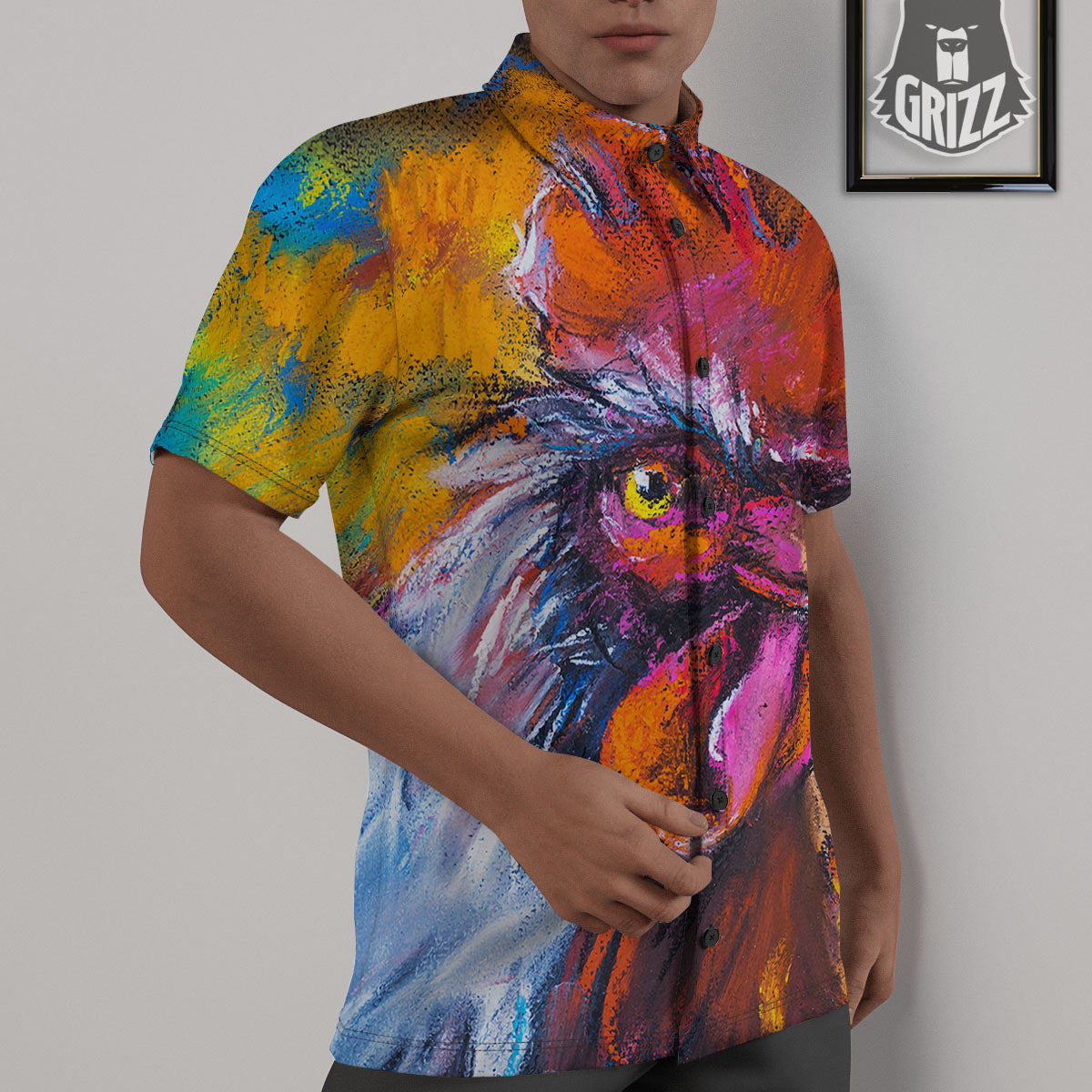 Painting Rooster Print Untucked Shirts-grizzshop