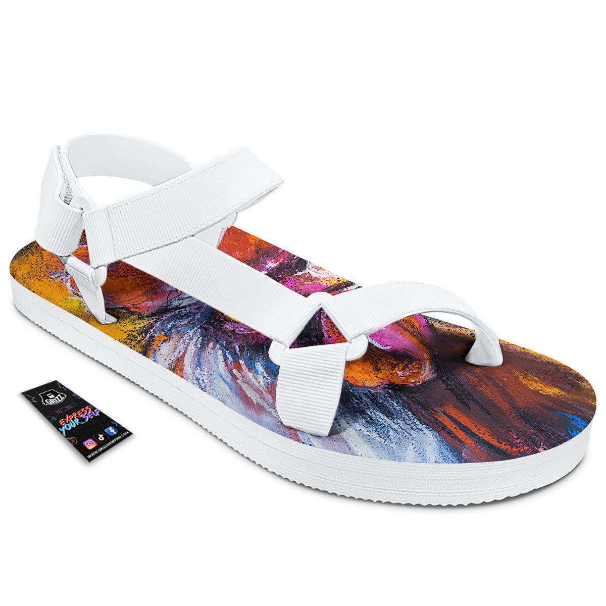 Painting Rooster Print White Open Toe Sandals-grizzshop
