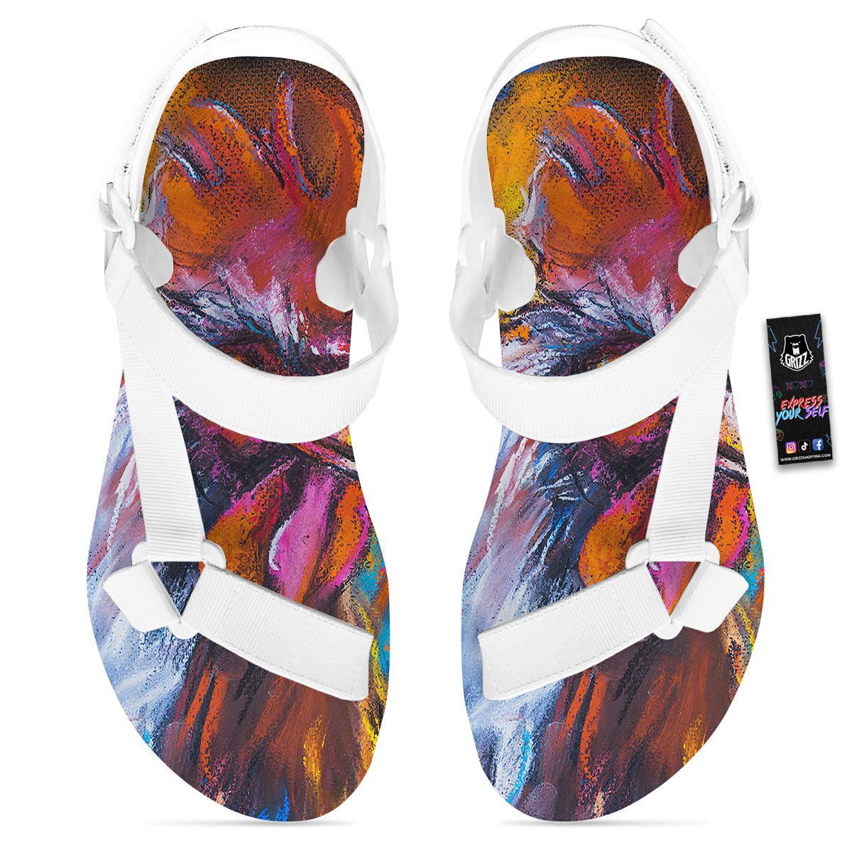 Painting Rooster Print White Open Toe Sandals-grizzshop