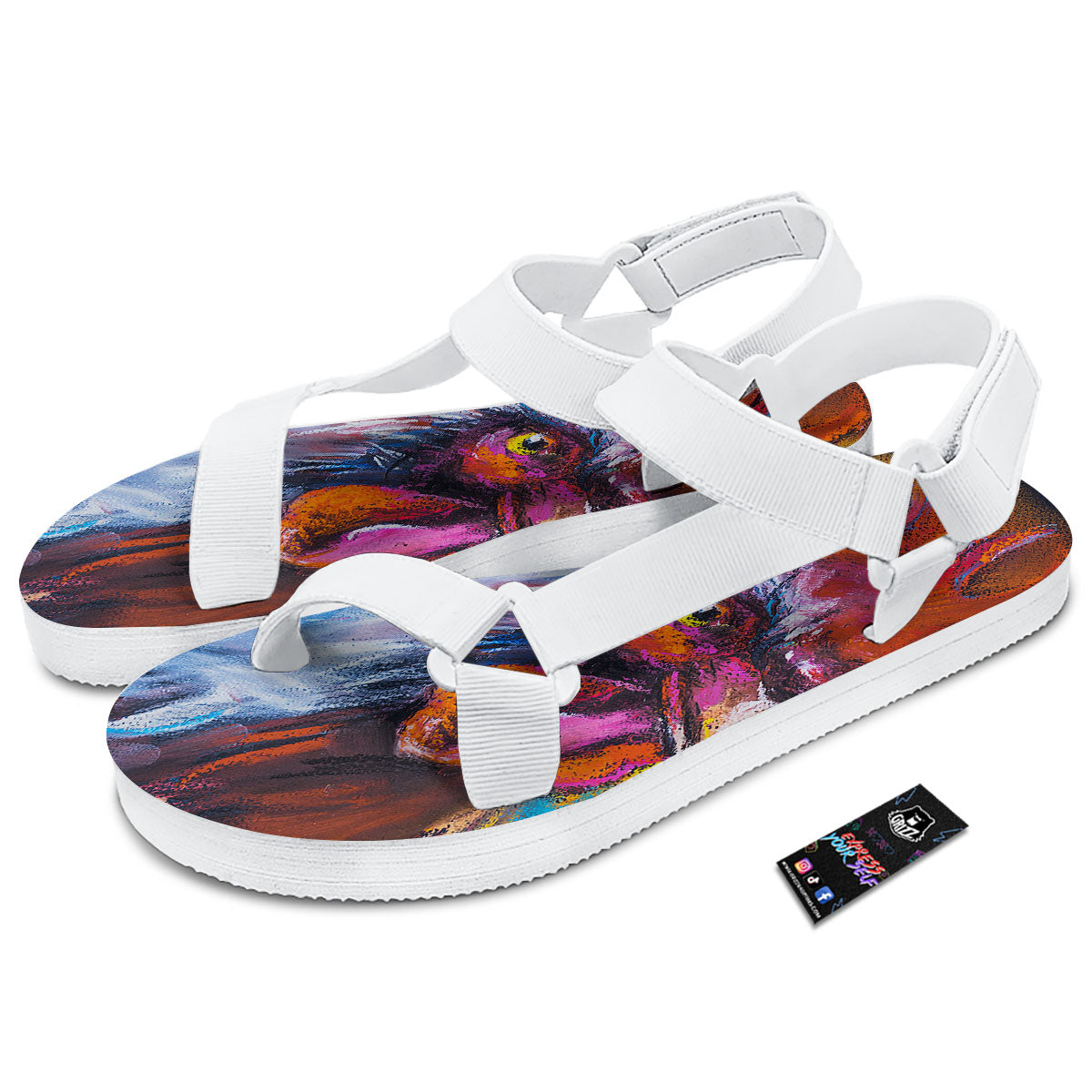 Painting Rooster Print White Open Toe Sandals-grizzshop
