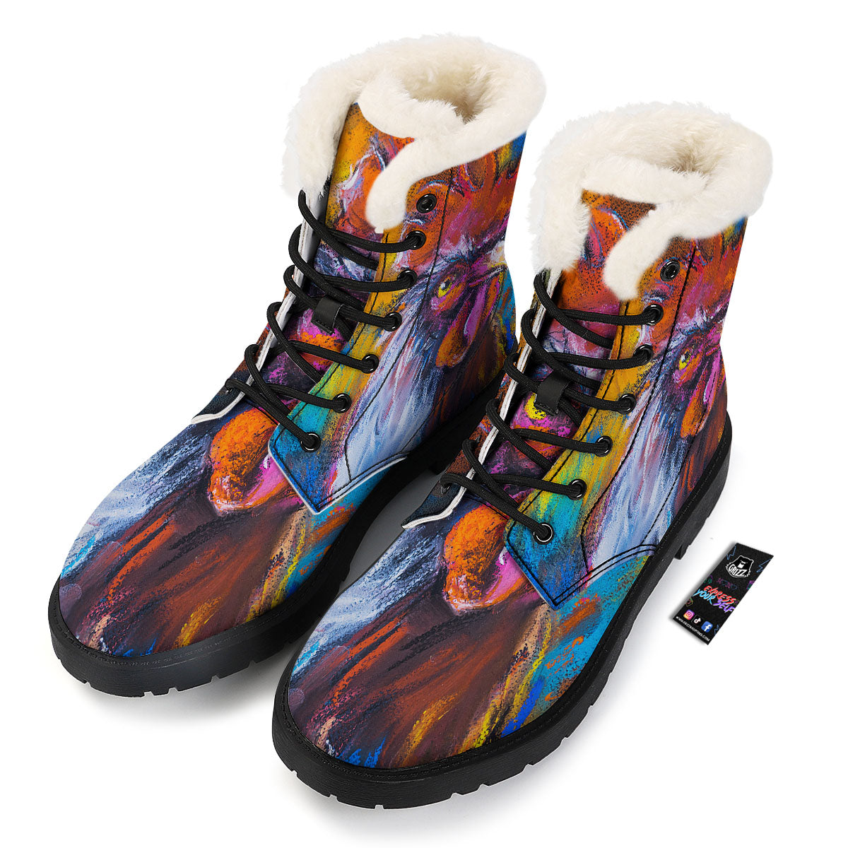 Painting Rooster Print Winter Boots-grizzshop