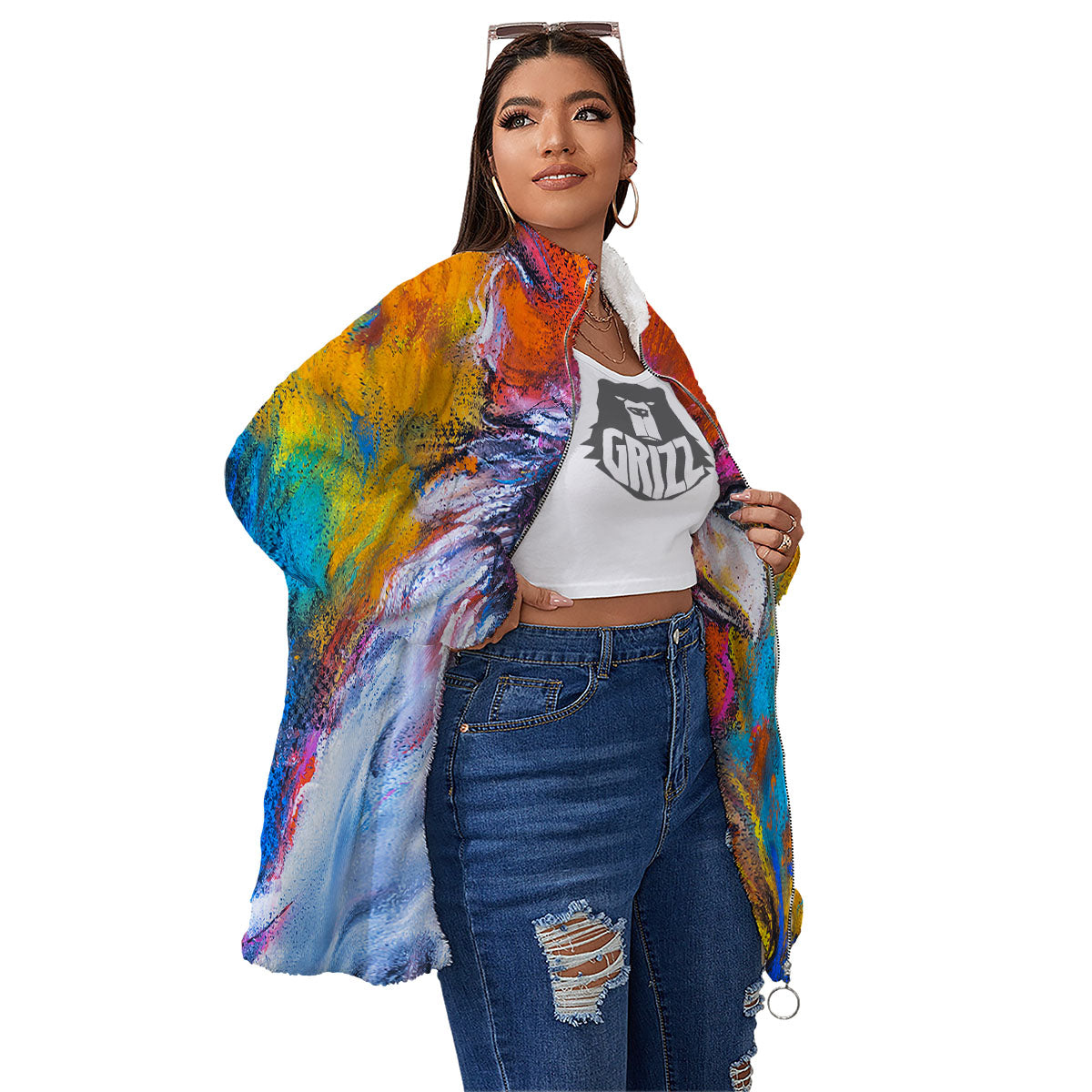 Painting Rooster Print Women's Sherpa Jacket-grizzshop