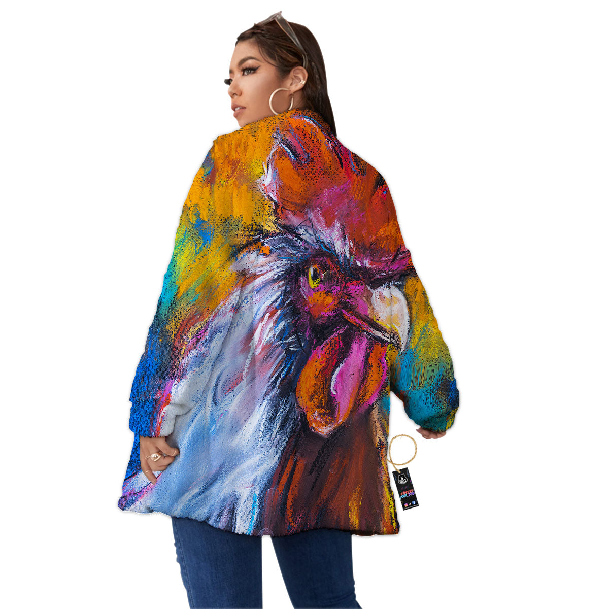 Painting Rooster Print Women's Sherpa Jacket-grizzshop