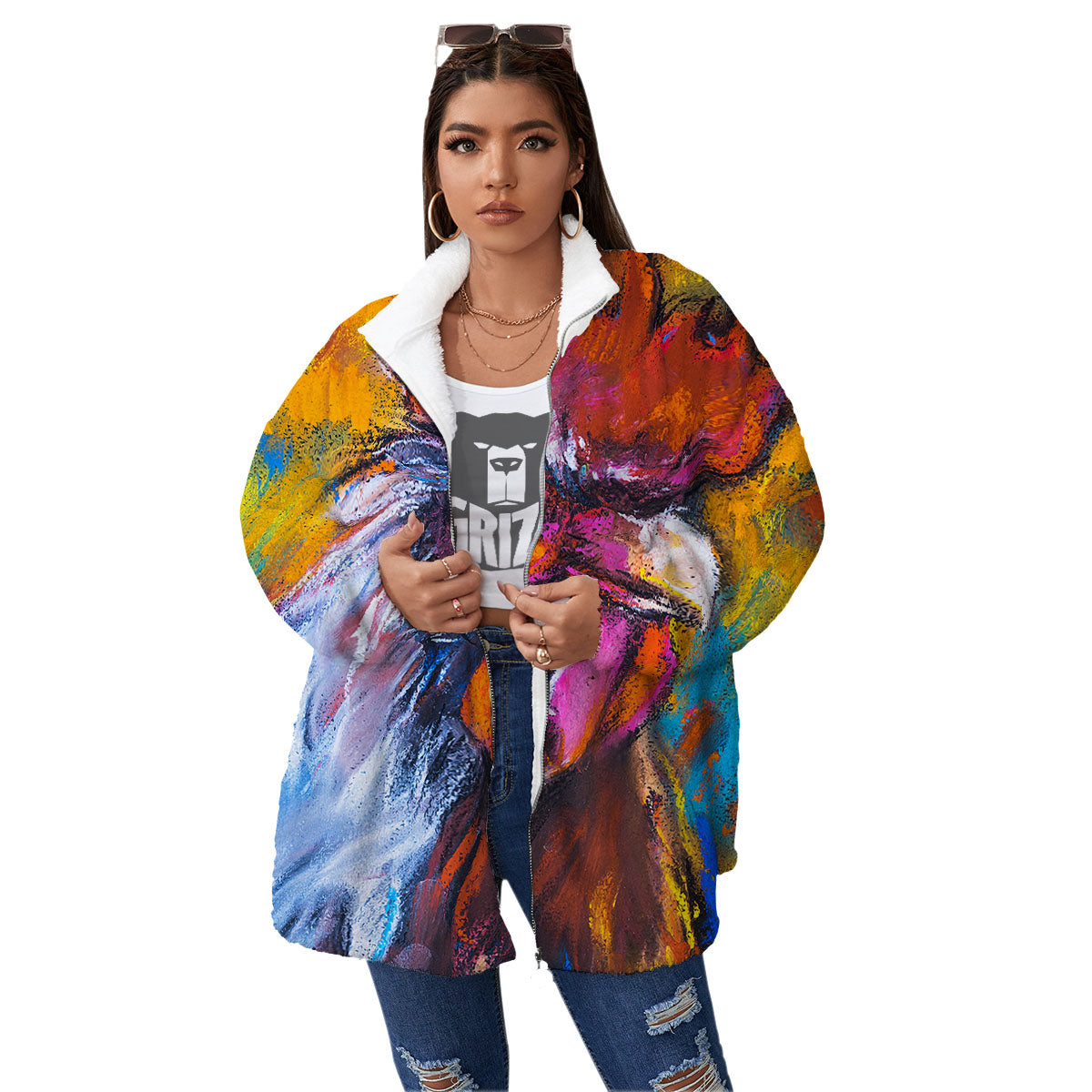 Painting Rooster Print Women's Sherpa Jacket-grizzshop