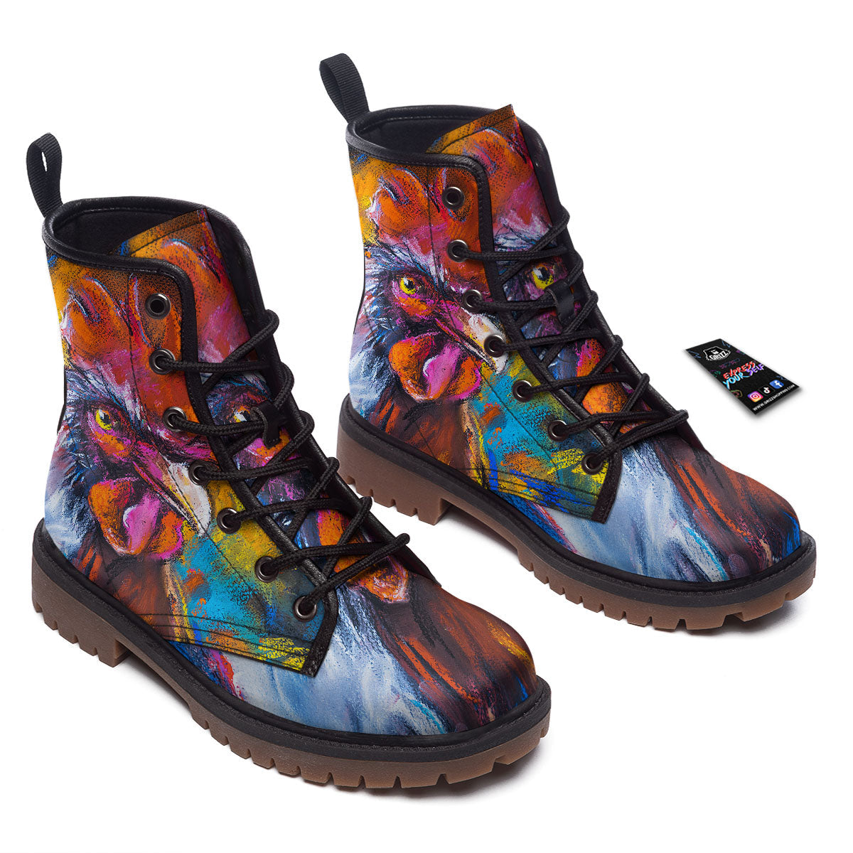 Painting Rooster Print Work Boots-grizzshop