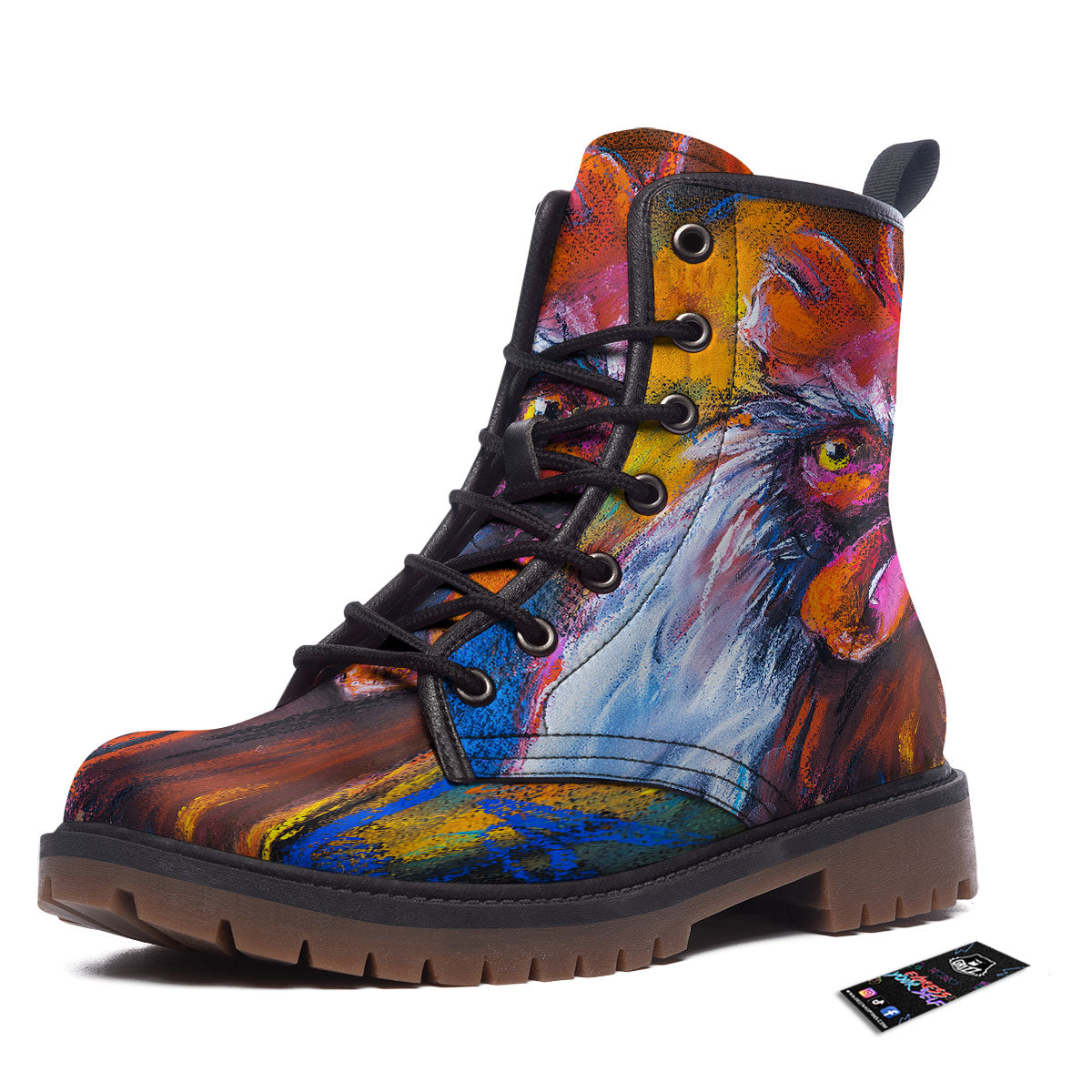 Painting Rooster Print Work Boots-grizzshop