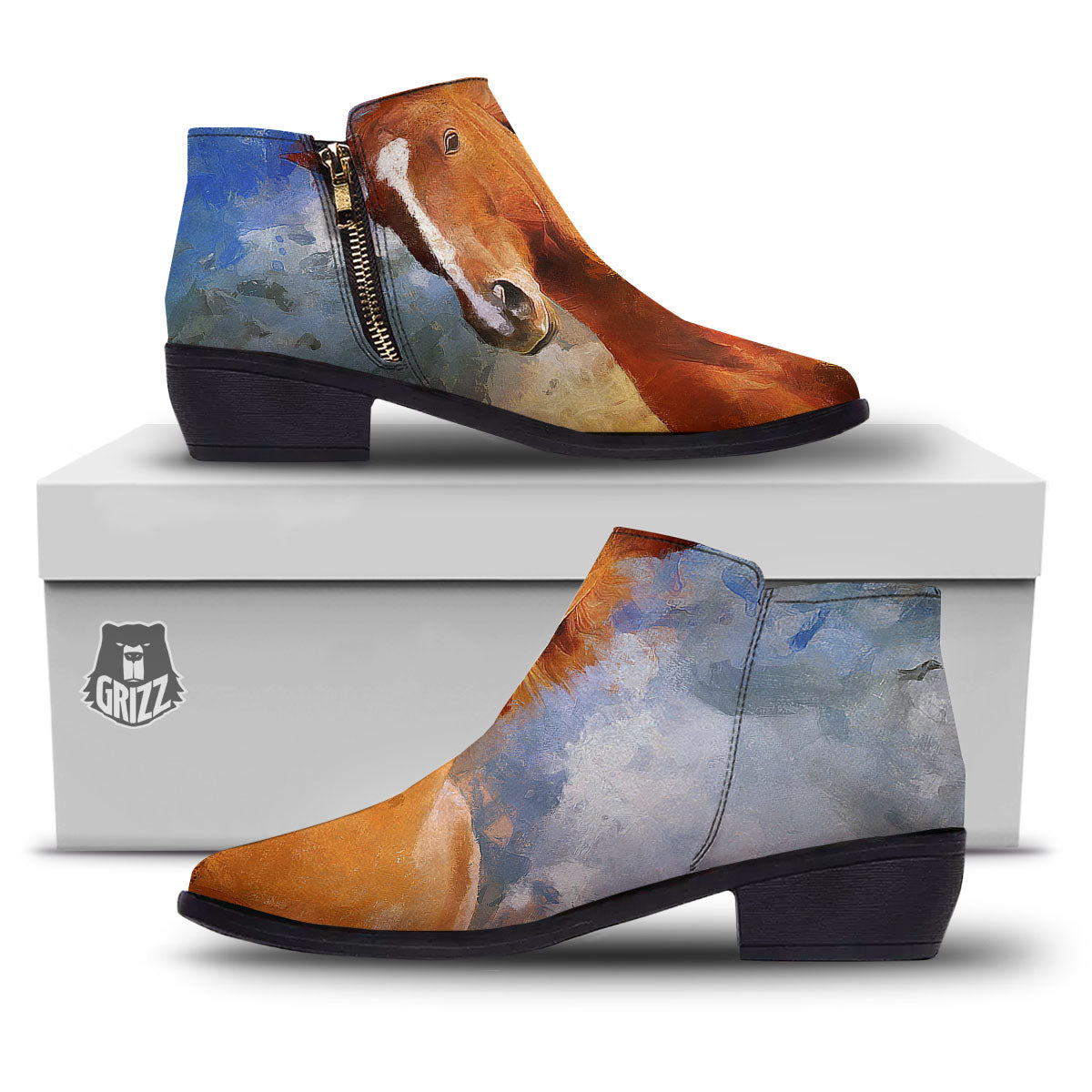 Painting Running Horses Print Ankle Boots-grizzshop