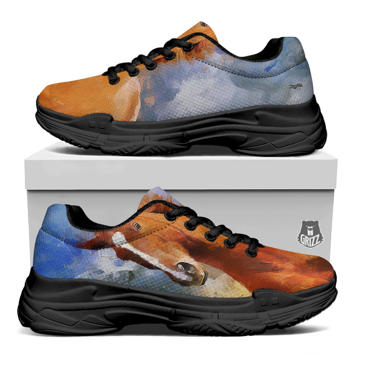Painting Running Horses Print Black Chunky Shoes-grizzshop